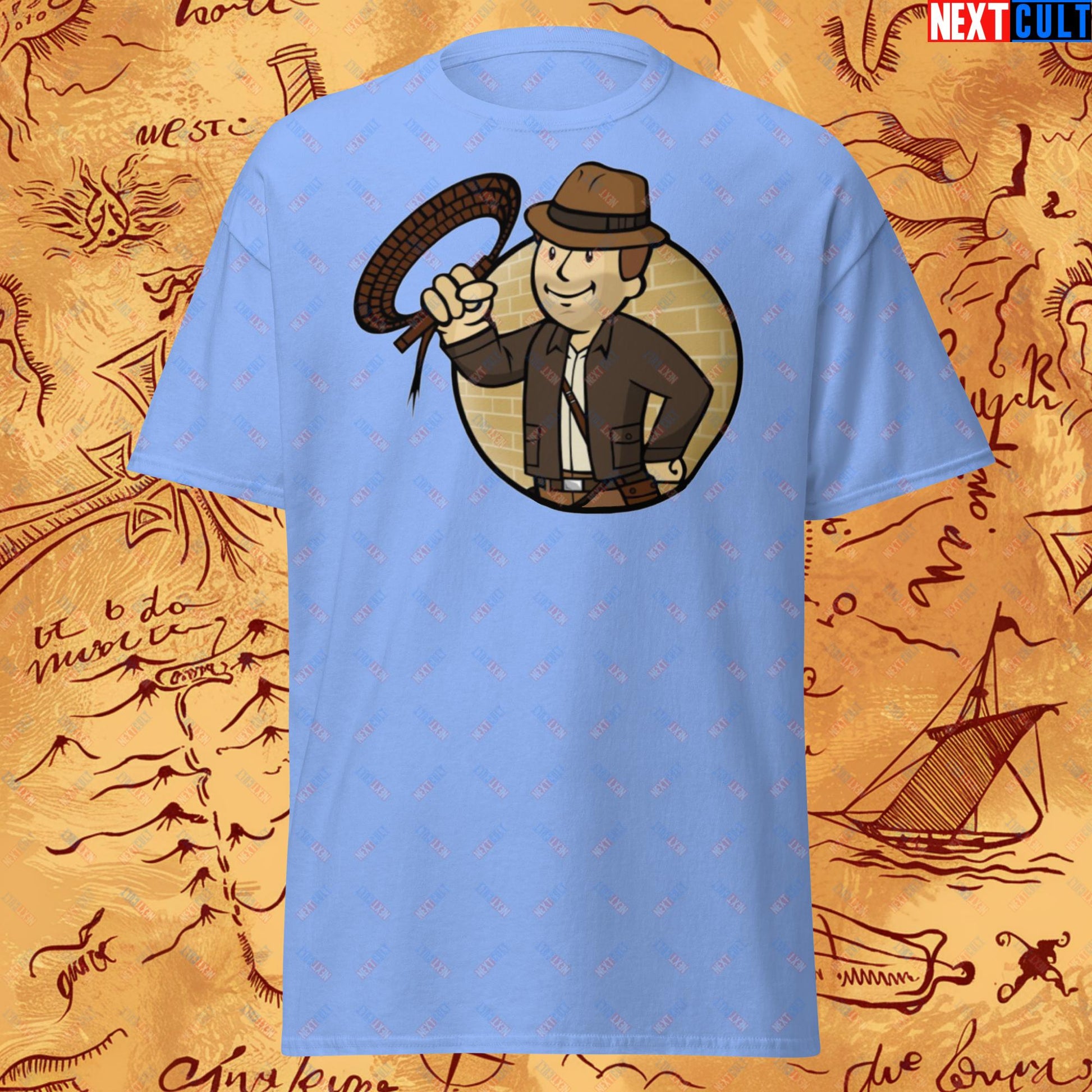 Jones Boy Indiana Jones Vault Boy Fallout Funny Cartoon Mashup Unisex tee Carolina Blue T-shirts Fallout Harrison Ford Indiana Jones Movies Vault Boy Next Cult Brand