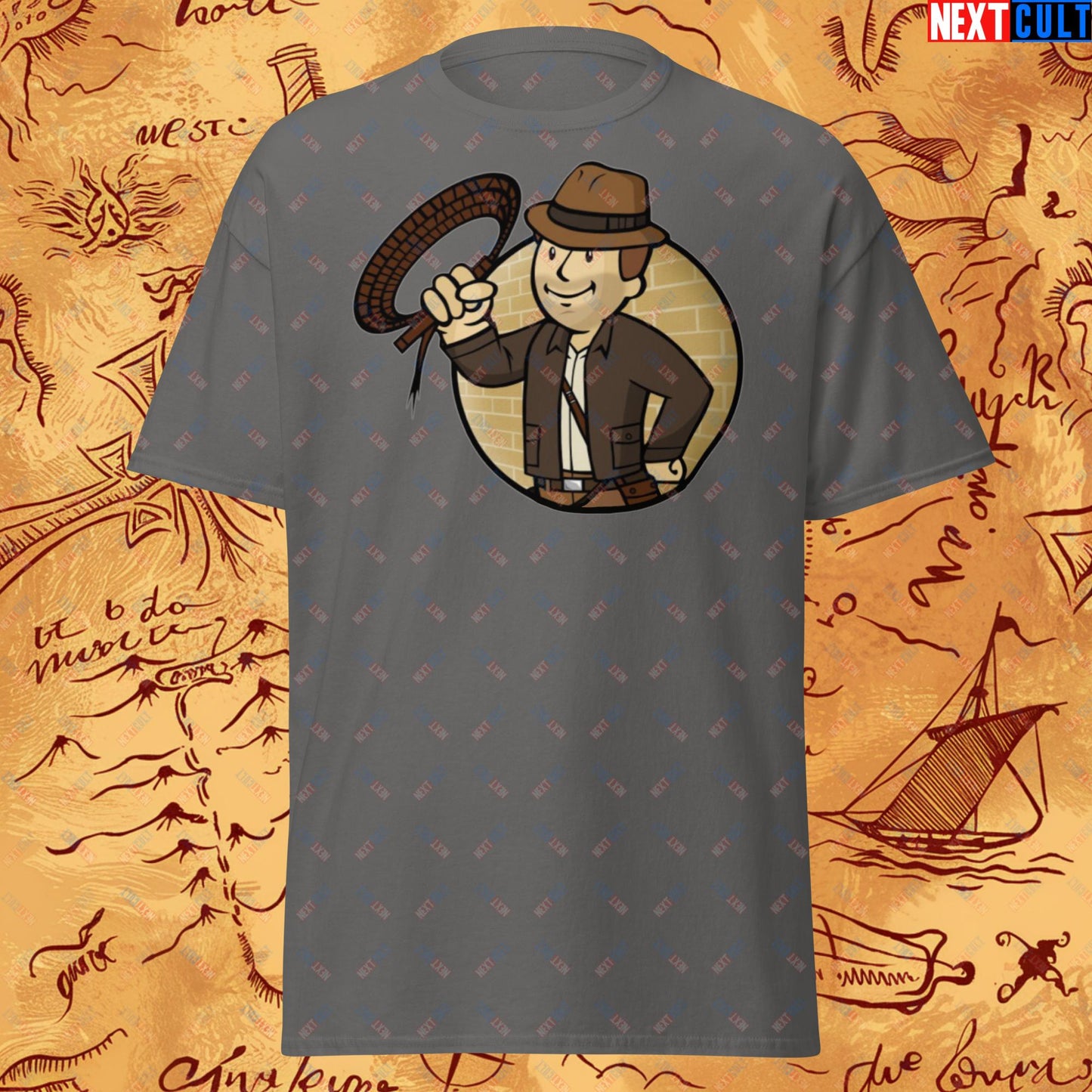 Jones Boy Indiana Jones Vault Boy Fallout Funny Cartoon Mashup Unisex tee Charcoal T-shirts Fallout Harrison Ford Indiana Jones Movies Vault Boy Next Cult Brand