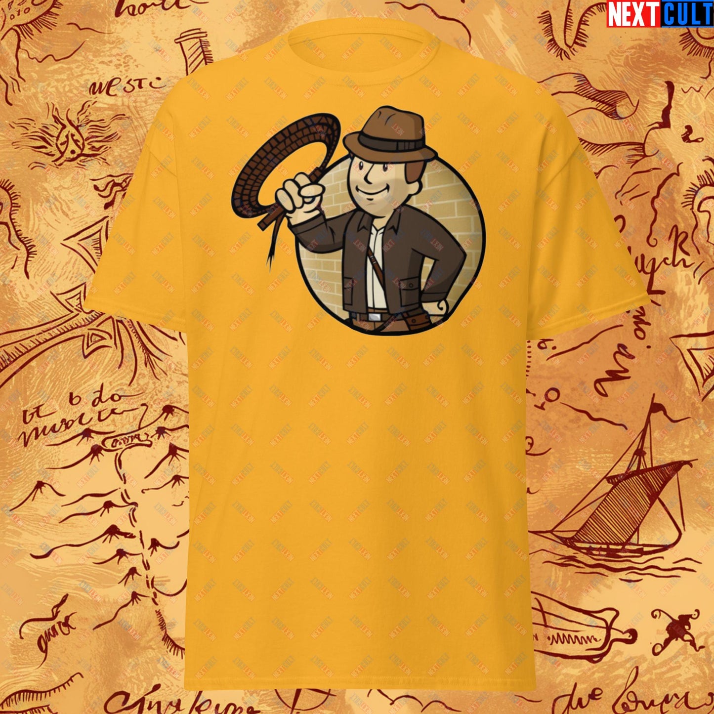 Jones Boy Indiana Jones Vault Boy Fallout Funny Cartoon Mashup Unisex tee Next Cult Brand