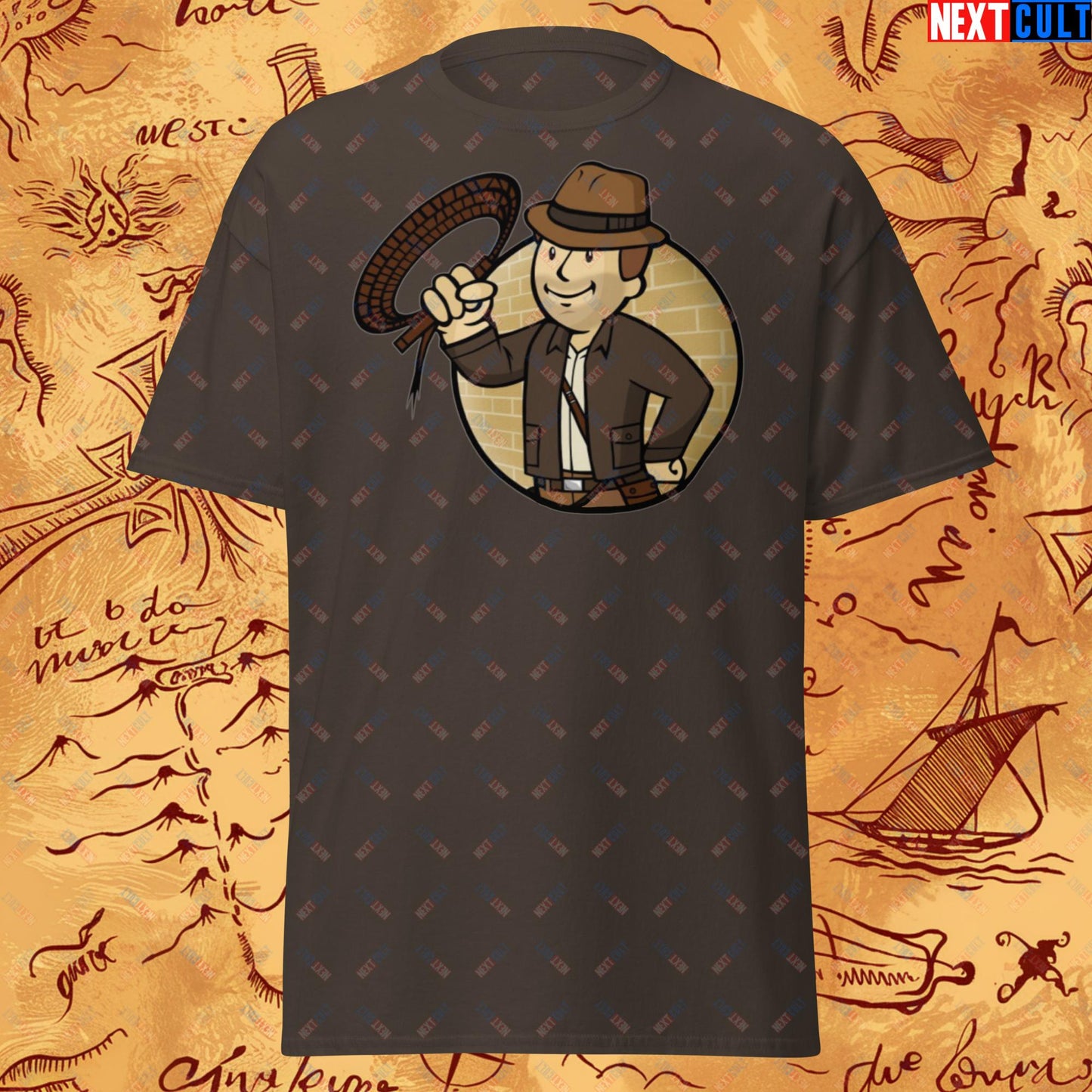 Jones Boy Indiana Jones Vault Boy Fallout Funny Cartoon Mashup Unisex tee Dark Chocolate T-shirts Fallout Harrison Ford Indiana Jones Movies Vault Boy Next Cult Brand