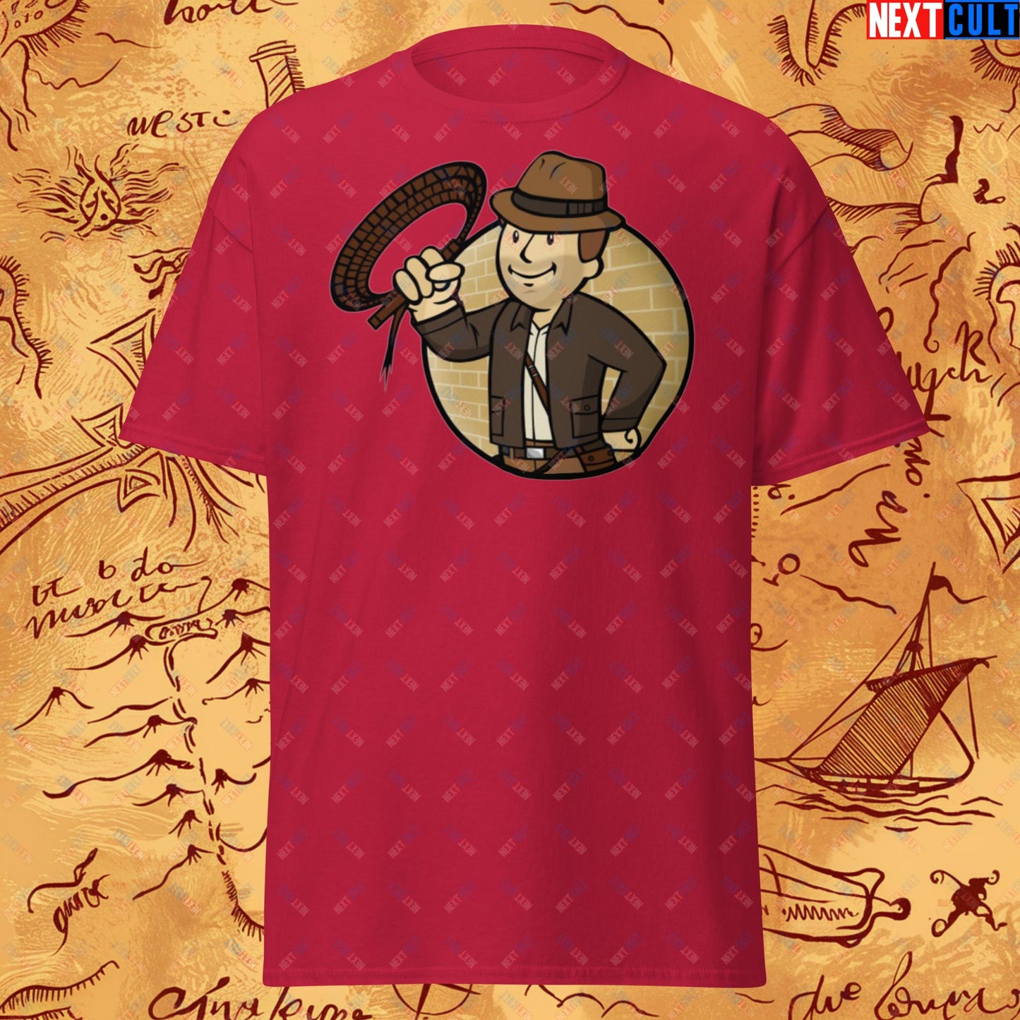 Jones Boy Indiana Jones Vault Boy Fallout Funny Cartoon Mashup Unisex tee Cardinal T-shirts Fallout Harrison Ford Indiana Jones Movies Vault Boy Next Cult Brand