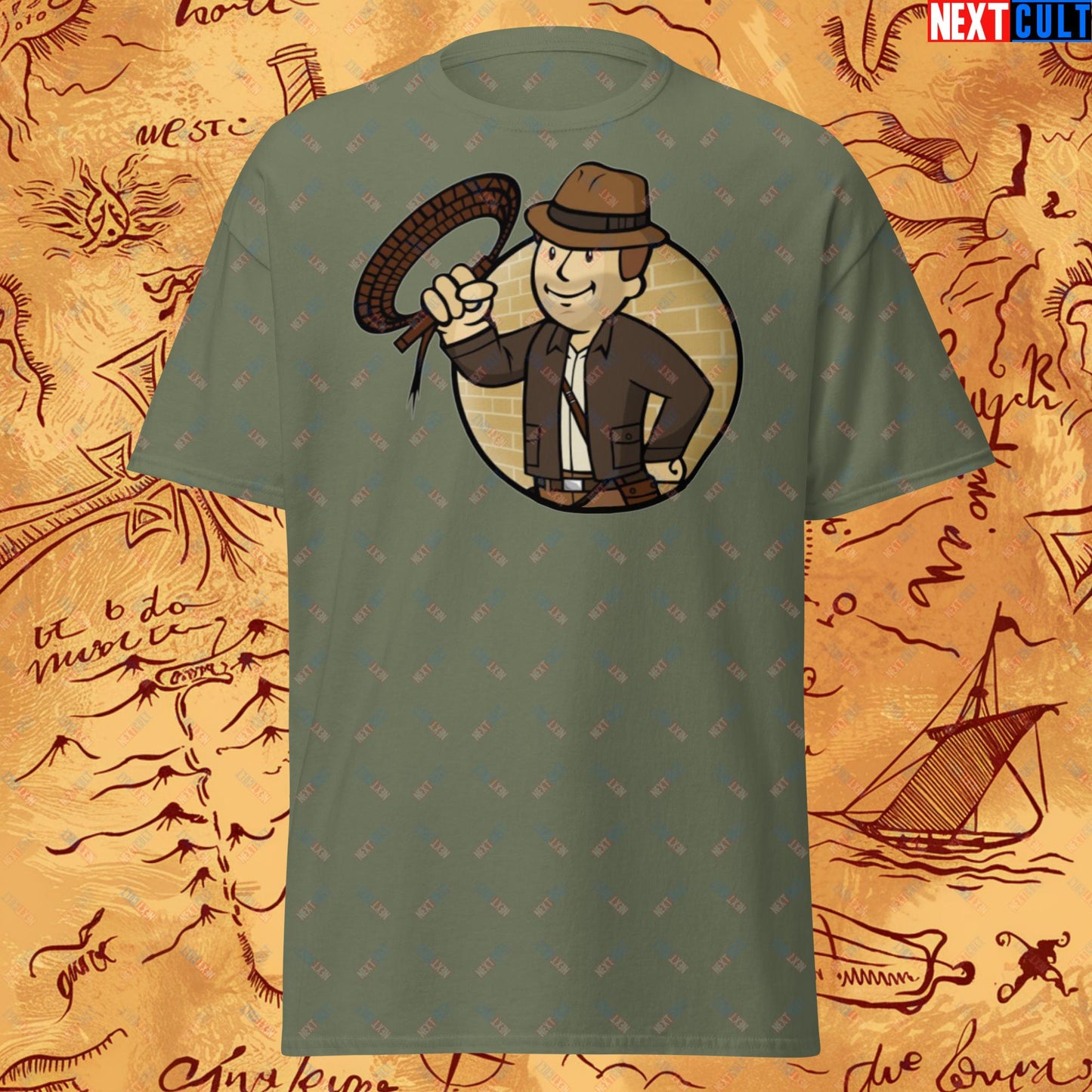 Jones Boy Indiana Jones Vault Boy Fallout Funny Cartoon Mashup Unisex tee Military Green T-shirts Fallout Harrison Ford Indiana Jones Movies Vault Boy Next Cult Brand