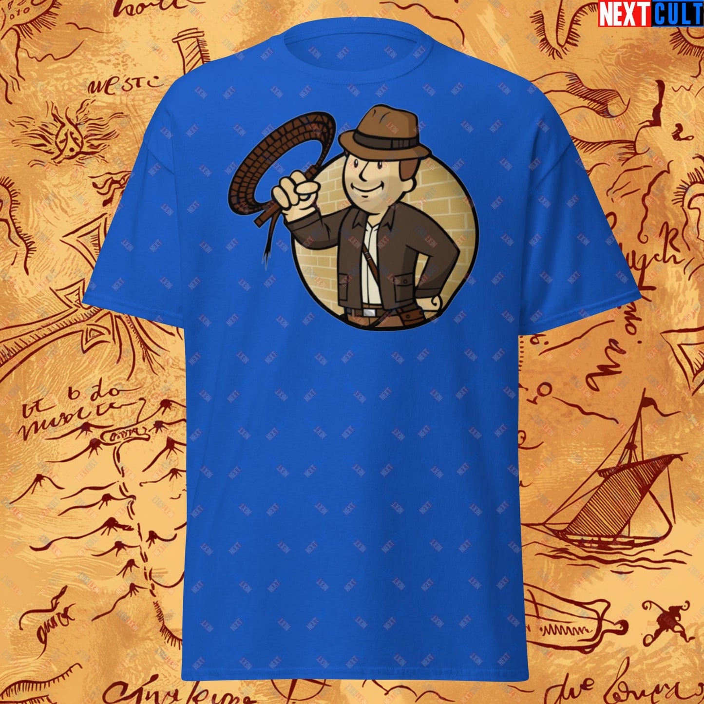 Jones Boy Indiana Jones Vault Boy Fallout Funny Cartoon Mashup Unisex tee Royal T-shirts Fallout Harrison Ford Indiana Jones Movies Vault Boy Next Cult Brand