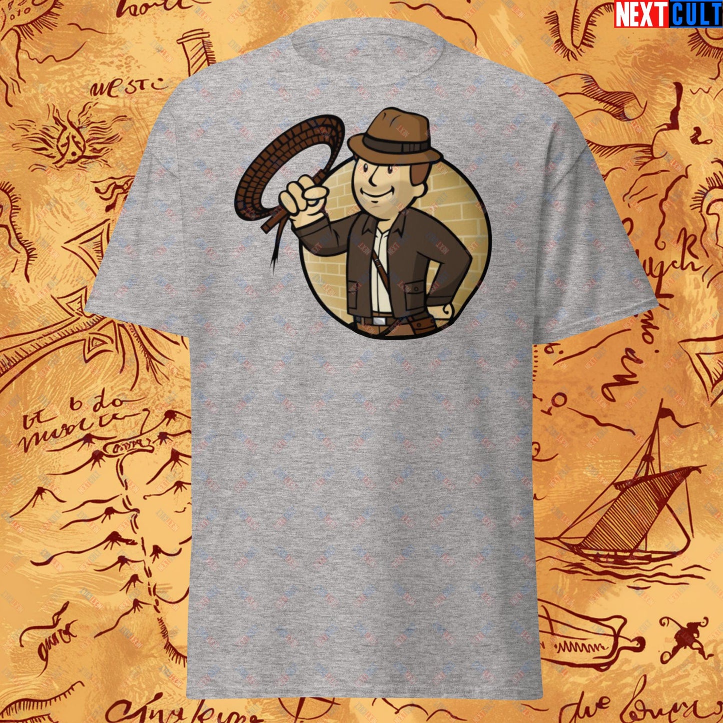 Jones Boy Indiana Jones Vault Boy Fallout Funny Cartoon Mashup Unisex tee Next Cult Brand