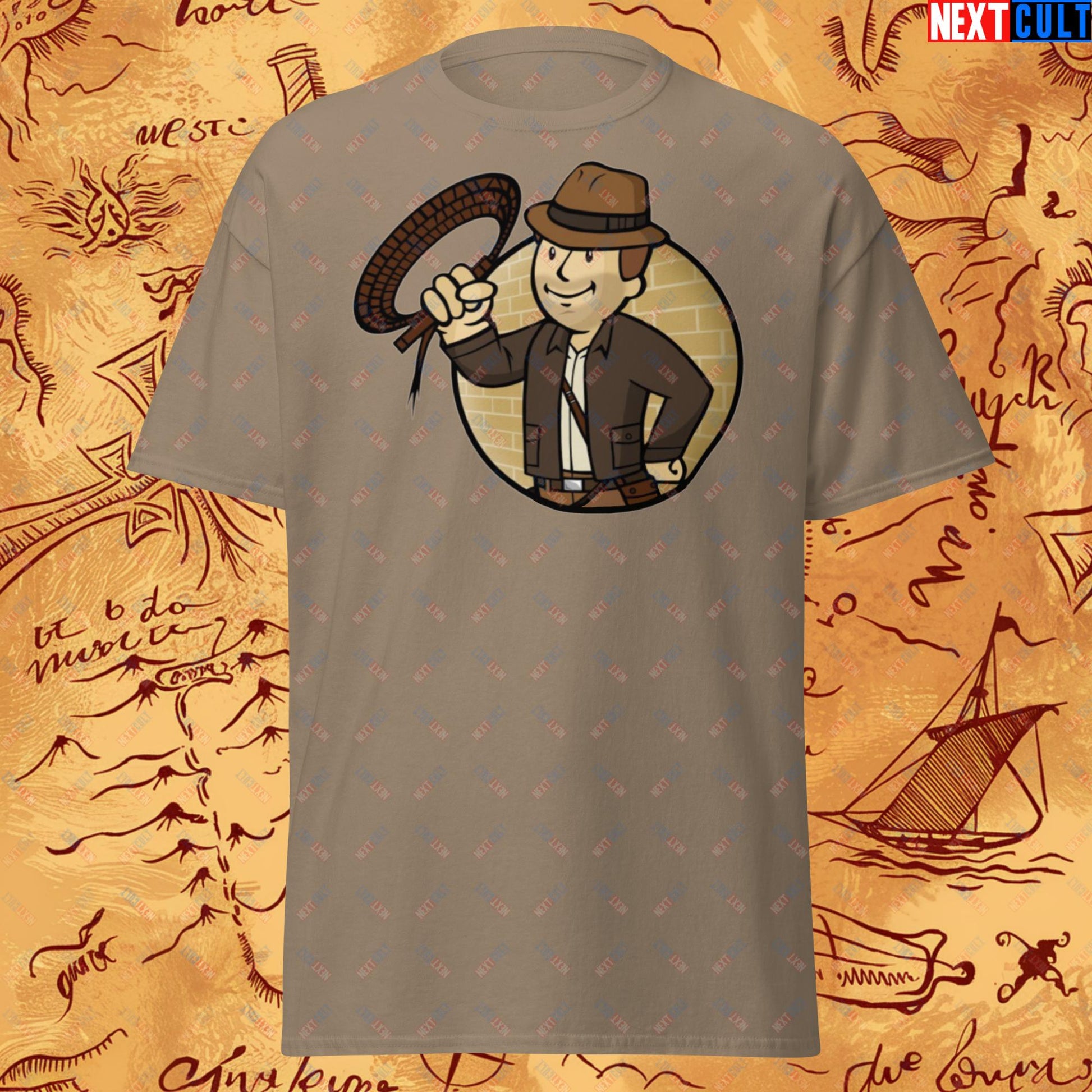 Jones Boy Indiana Jones Vault Boy Fallout Funny Cartoon Mashup Unisex tee Next Cult Brand