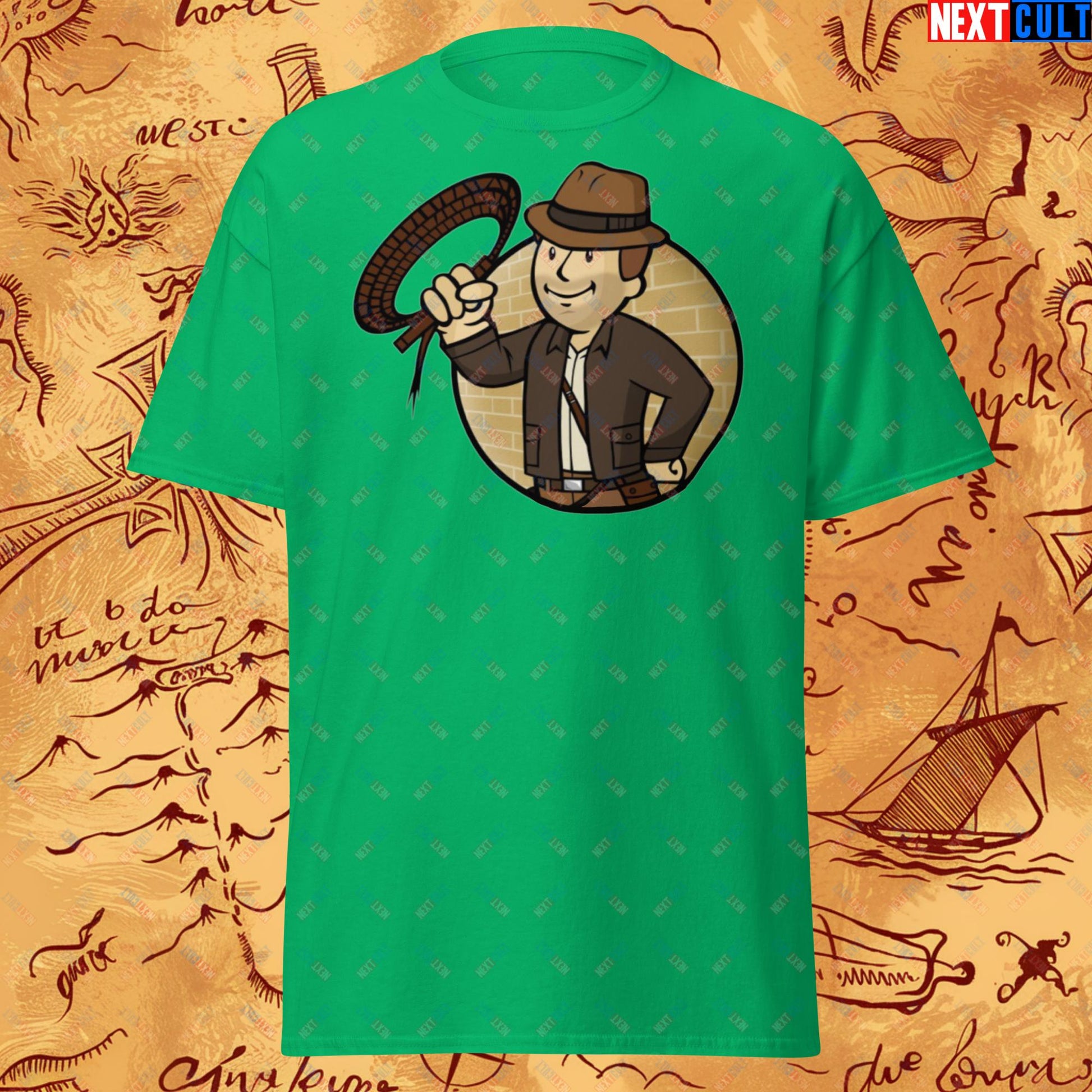 Jones Boy Indiana Jones Vault Boy Fallout Funny Cartoon Mashup Unisex tee Irish Green T-shirts Fallout Harrison Ford Indiana Jones Movies Vault Boy Next Cult Brand