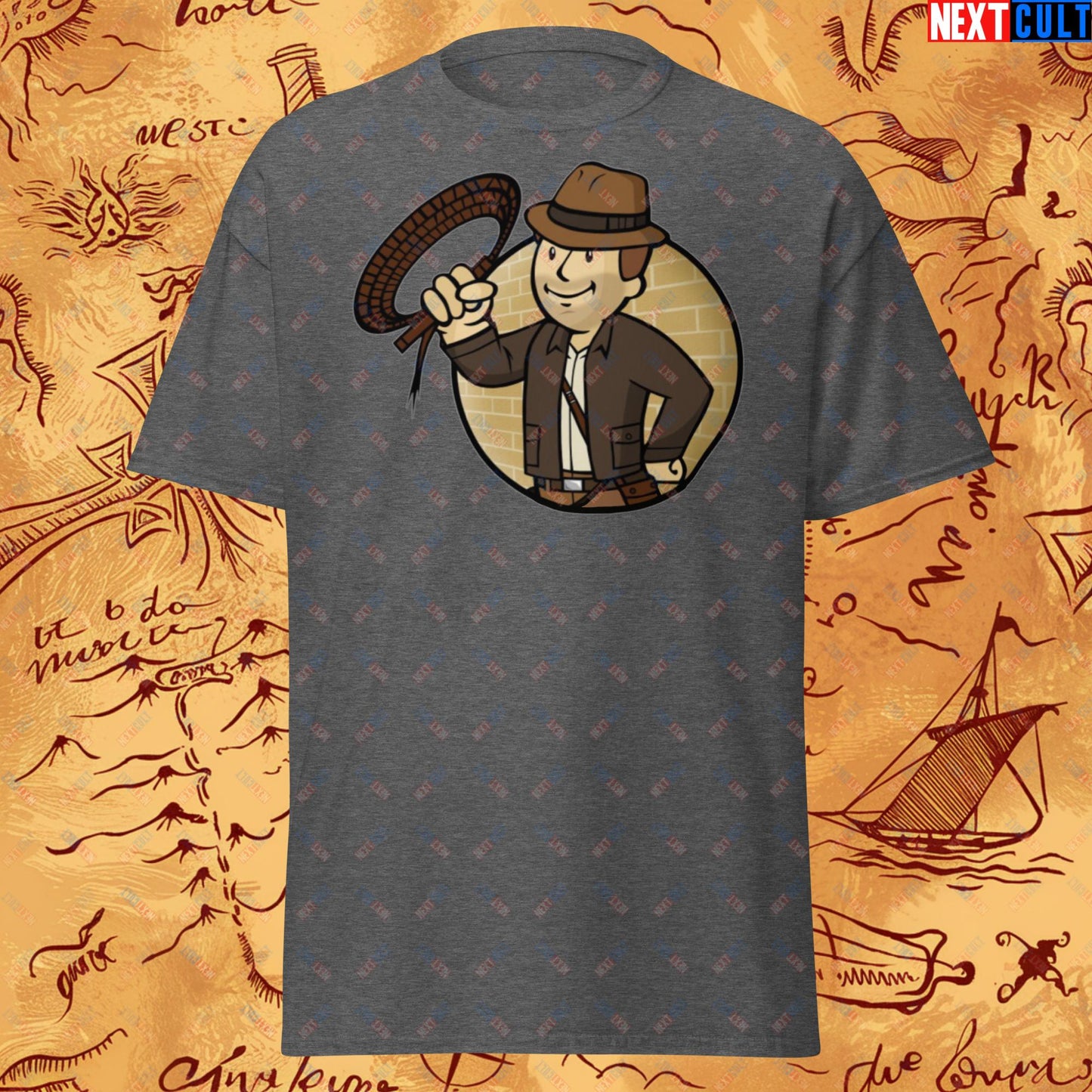 Jones Boy Indiana Jones Vault Boy Fallout Funny Cartoon Mashup Unisex tee Next Cult Brand