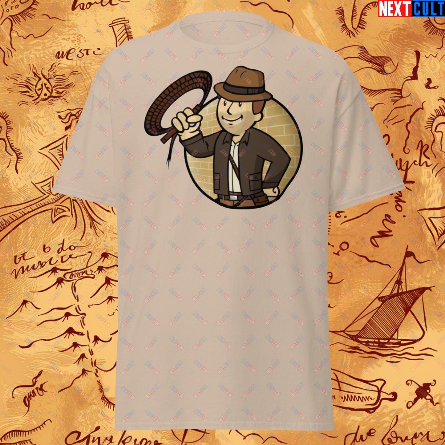 Jones Boy Indiana Jones Vault Boy Fallout Funny Cartoon Mashup Unisex tee Sand T-shirts Fallout Harrison Ford Indiana Jones Movies Vault Boy Next Cult Brand