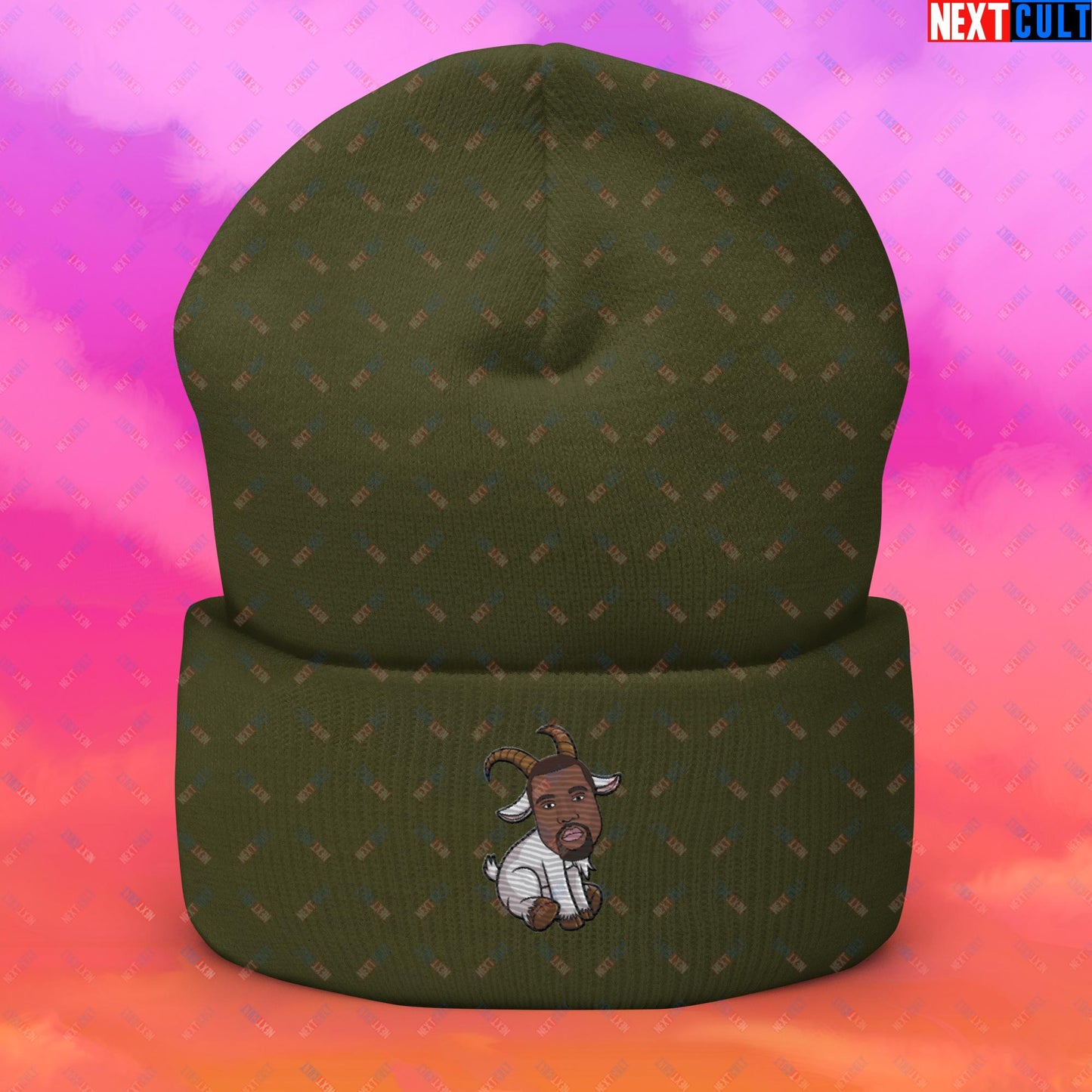 Kanye West G.O.A.T. Hip Hop Greatest of All Time Rap Music Funny Ye Cuffed Beanie Olive Hats G.O.A.T. Kanye West Music Next Cult Brand