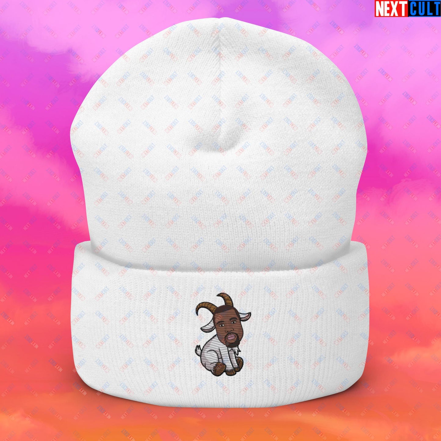 Kanye West G.O.A.T. Hip Hop Greatest of All Time Rap Music Funny Ye Cuffed Beanie White Hats G.O.A.T. Kanye West Music Next Cult Brand