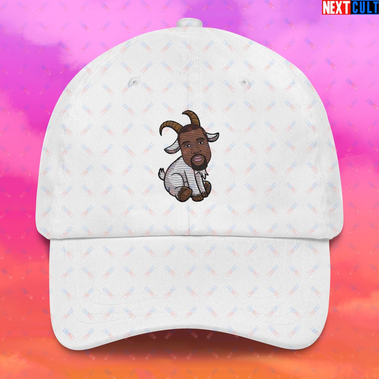 Kanye West G.O.A.T. Hip Hop Greatest of All Time Rap Music Funny Ye Dad hat White Hats G.O.A.T. Kanye West Music Next Cult Brand