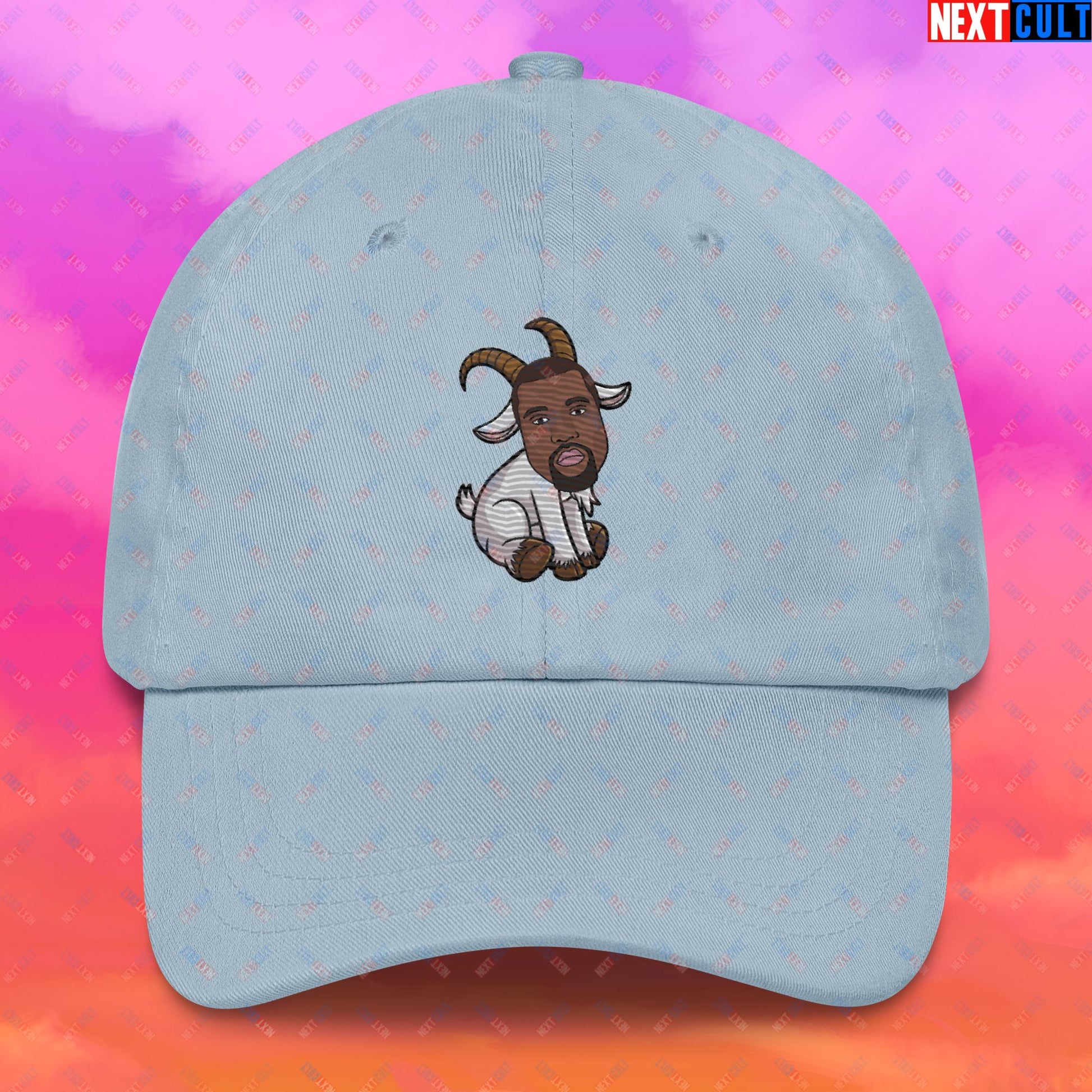 Kanye West G.O.A.T. Hip Hop Greatest of All Time Rap Music Funny Ye Dad hat Light Blue Hats G.O.A.T. Kanye West Music Next Cult Brand