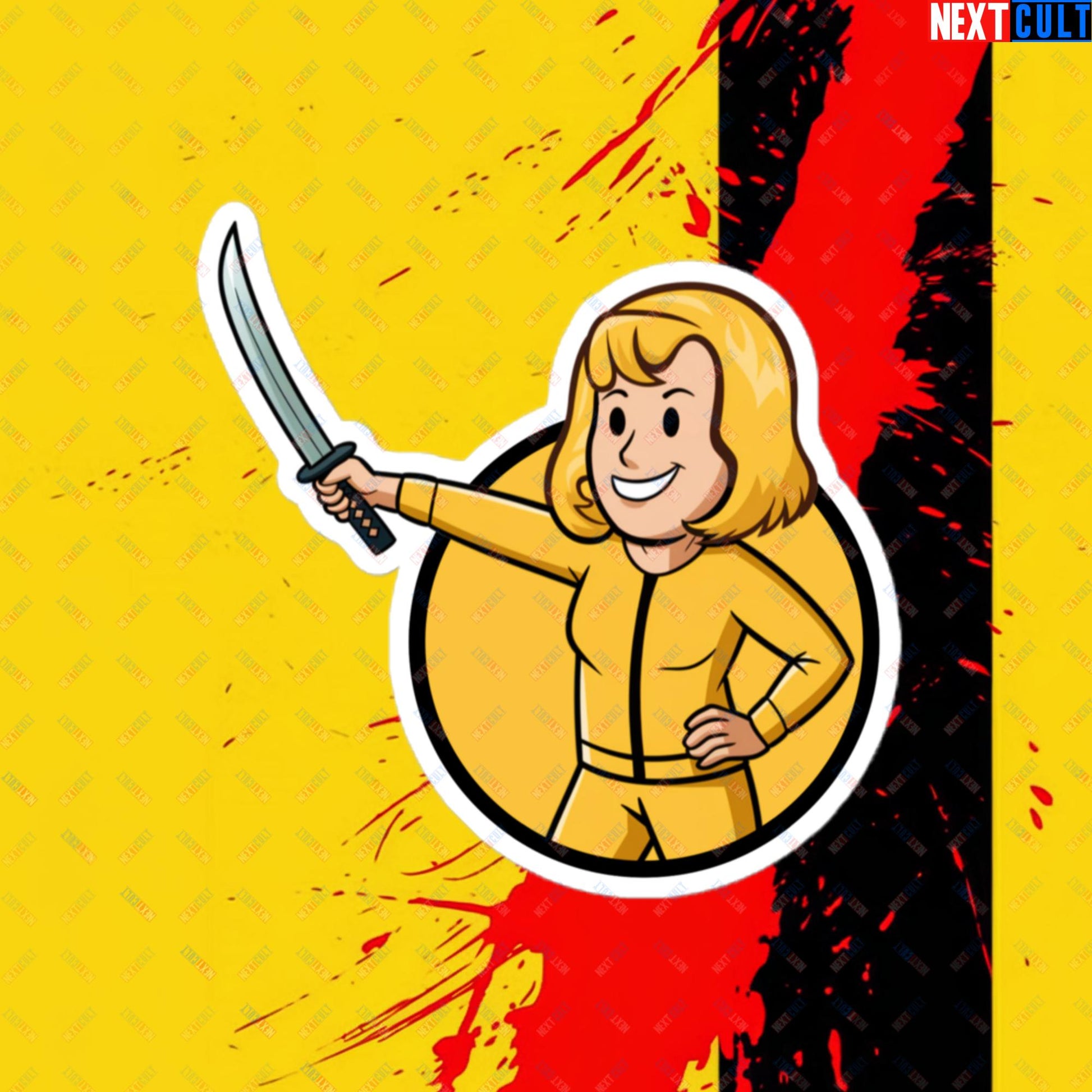 Kill Bill Vault Girl Fallout Funny Meme Cartoon Mashup Bubble-free stickers 4″×4″ Stickers Fallout Kill Bill Movies Vault Boy Next Cult Brand