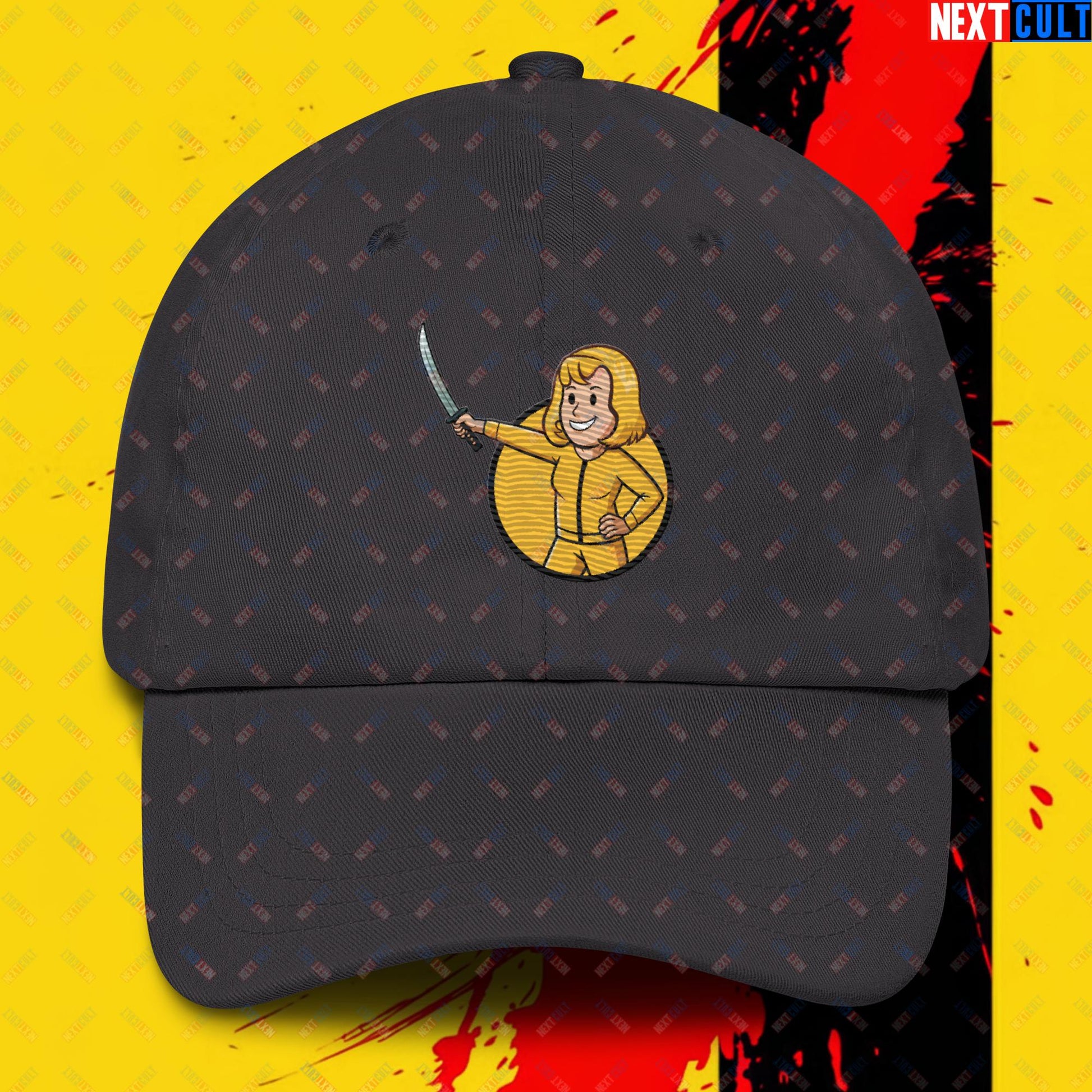 Kill Bill Vault Girl Fallout Funny Meme Cartoon Mashup Dad hat Dark Grey Hats Fallout Kill Bill Movies Vault Boy Next Cult Brand