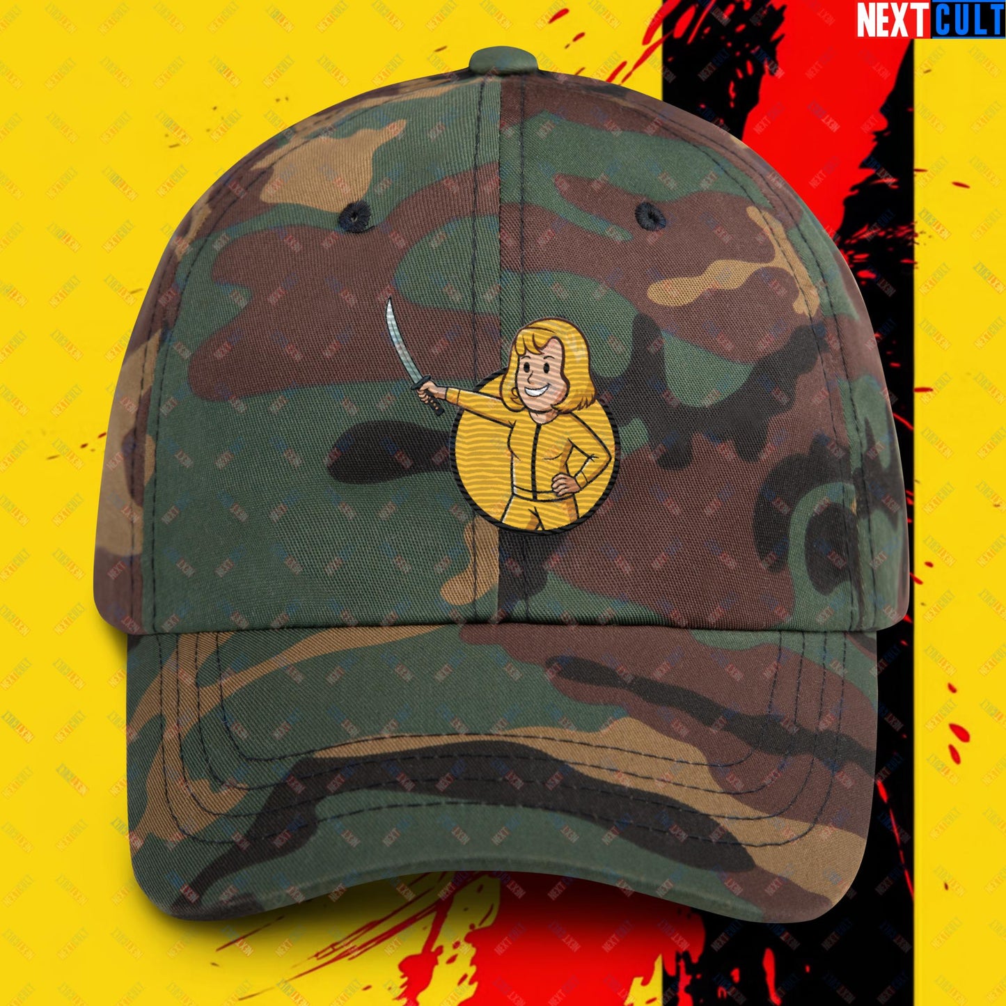 Kill Bill Vault Girl Fallout Funny Meme Cartoon Mashup Dad hat Green Camo Hats Fallout Kill Bill Movies Vault Boy Next Cult Brand