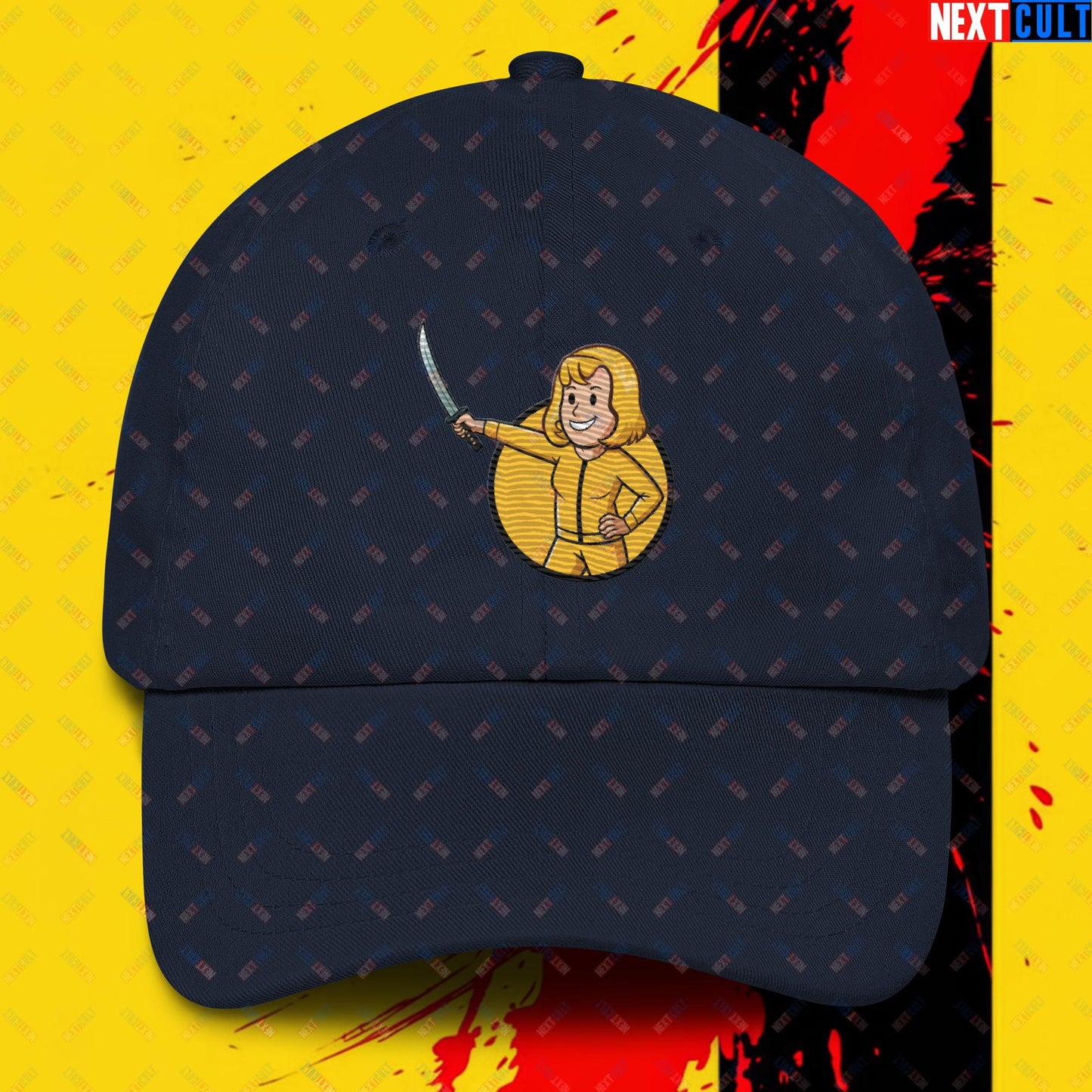 Kill Bill Vault Girl Fallout Funny Meme Cartoon Mashup Dad hat Navy Hats Fallout Kill Bill Movies Vault Boy Next Cult Brand