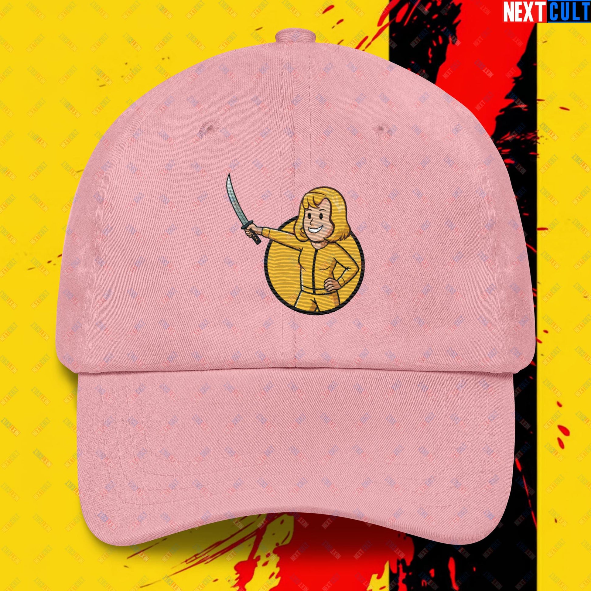 Kill Bill Vault Girl Fallout Funny Meme Cartoon Mashup Dad hat Pink Hats Fallout Kill Bill Movies Vault Boy Next Cult Brand