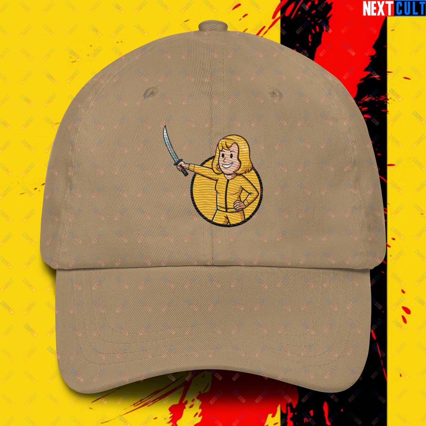 Kill Bill Vault Girl Fallout Funny Meme Cartoon Mashup Dad hat Khaki Hats Fallout Kill Bill Movies Vault Boy Next Cult Brand