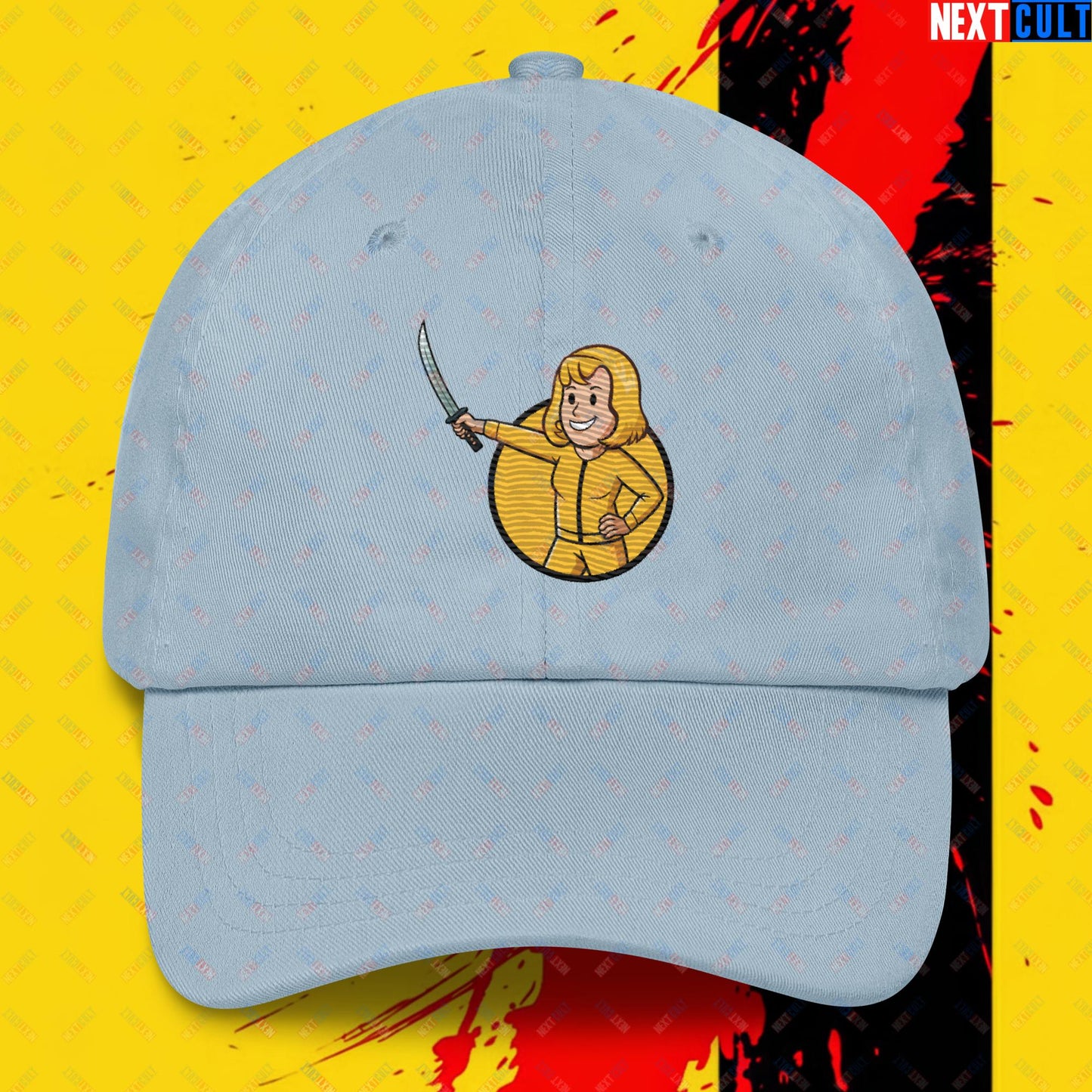 Kill Bill Vault Girl Fallout Funny Meme Cartoon Mashup Dad hat Light Blue Hats Fallout Kill Bill Movies Vault Boy Next Cult Brand