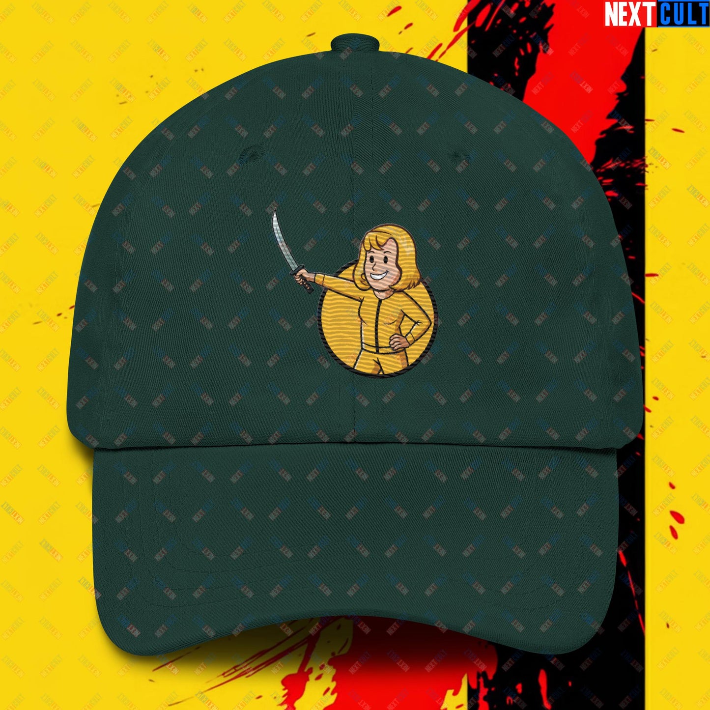 Kill Bill Vault Girl Fallout Funny Meme Cartoon Mashup Dad hat Spruce Hats Fallout Kill Bill Movies Vault Boy Next Cult Brand