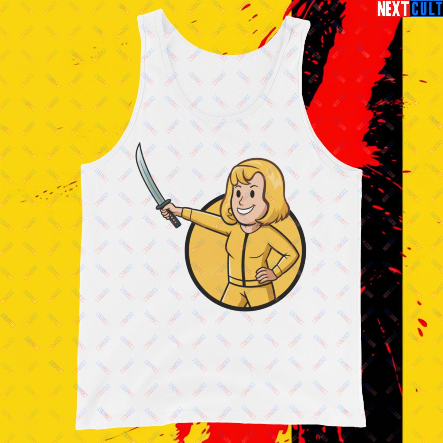 Kill Bill Vault Girl Fallout Funny Meme Cartoon Mashup Tank Top White Tank Tops Fallout Kill Bill Movies Vault Boy Next Cult Brand