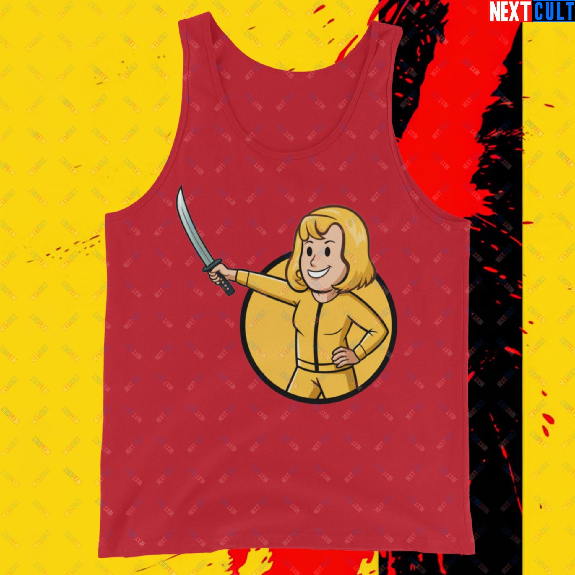 Kill Bill Vault Girl Fallout Funny Meme Cartoon Mashup Tank Top Red Tank Tops Fallout Kill Bill Movies Vault Boy Next Cult Brand