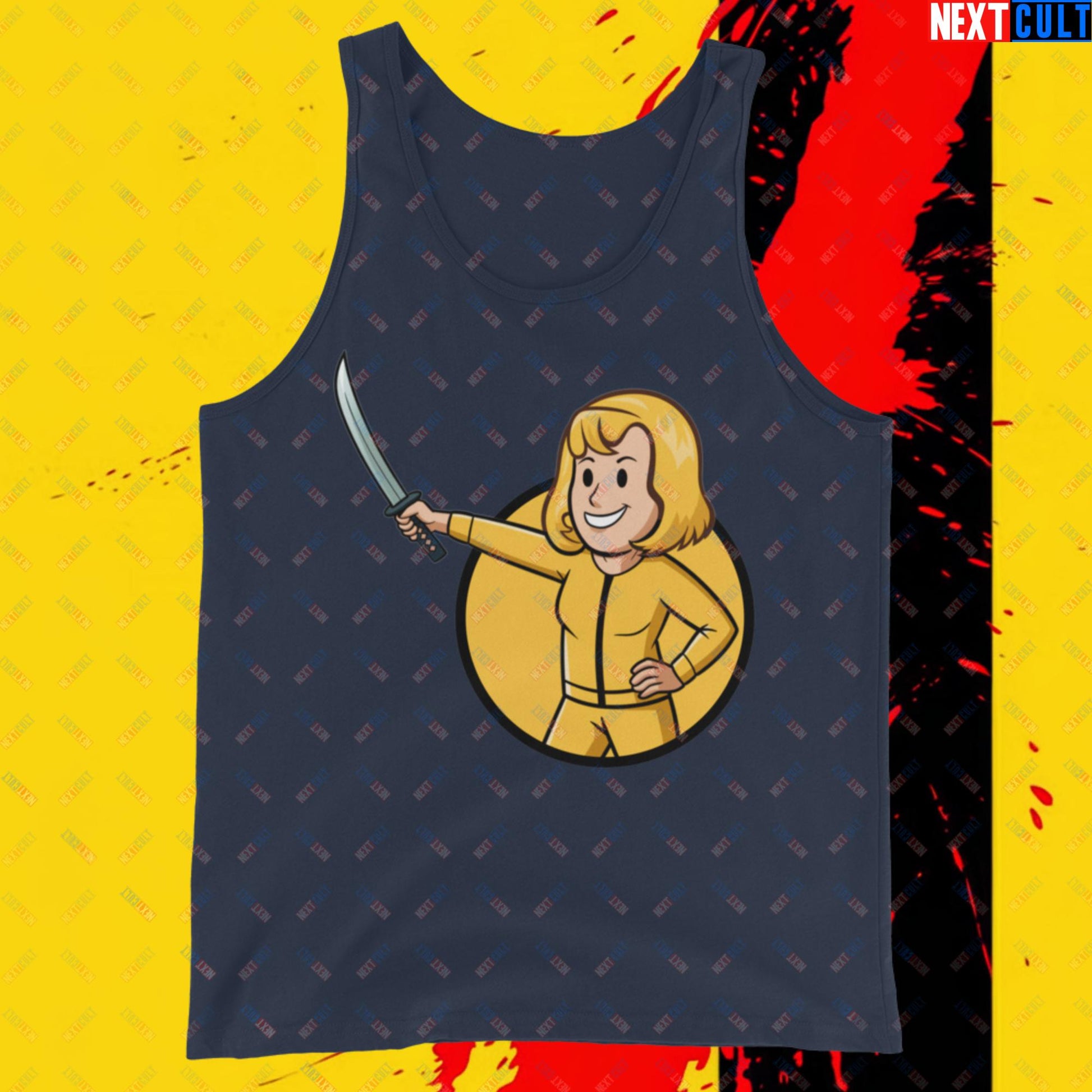 Kill Bill Vault Girl Fallout Funny Meme Cartoon Mashup Tank Top Navy Tank Tops Fallout Kill Bill Movies Vault Boy Next Cult Brand