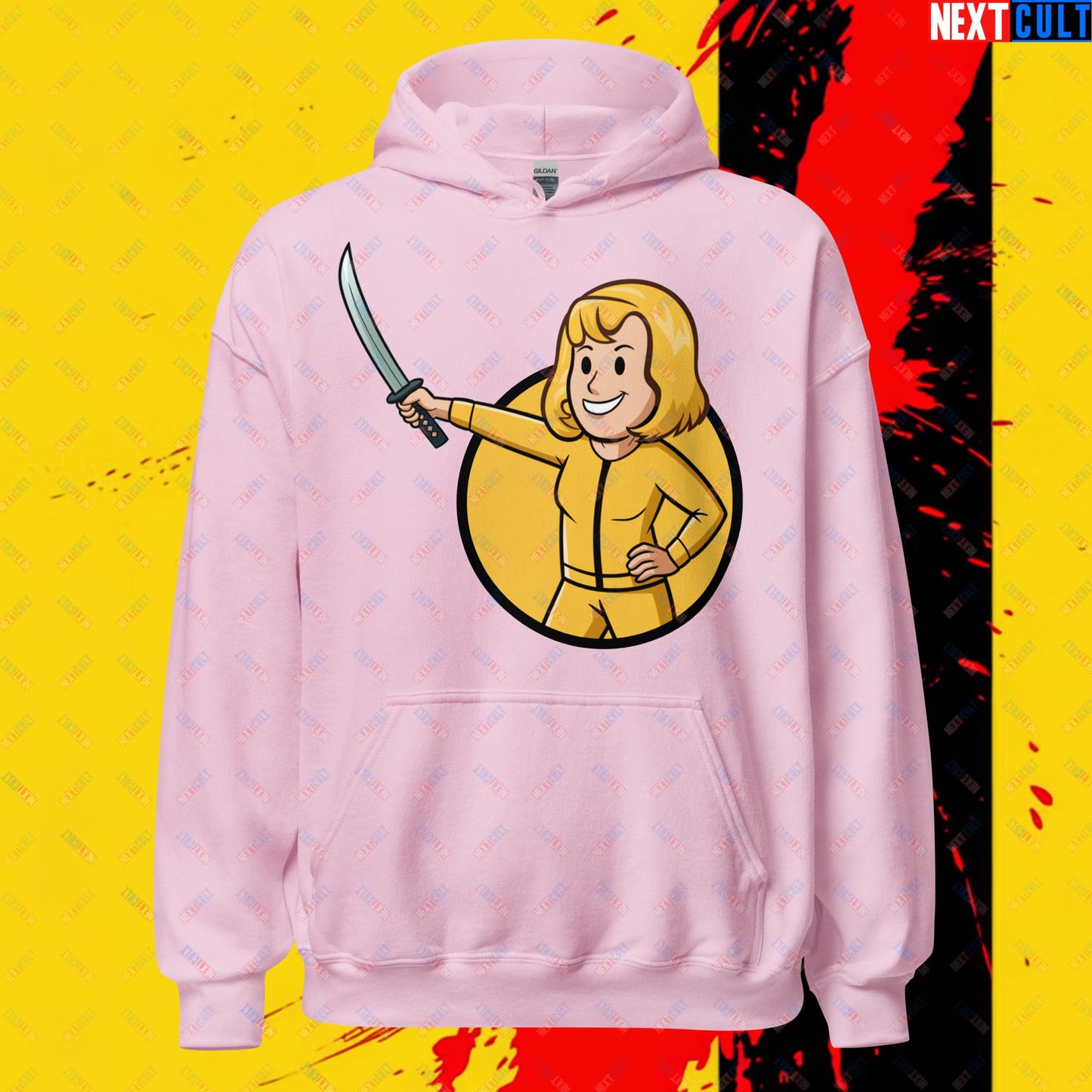 Kill Bill Vault Girl Fallout Funny Meme Cartoon Mashup Unisex Hoodie Light Pink Hoodies Fallout Kill Bill Movies Vault Boy Next Cult Brand