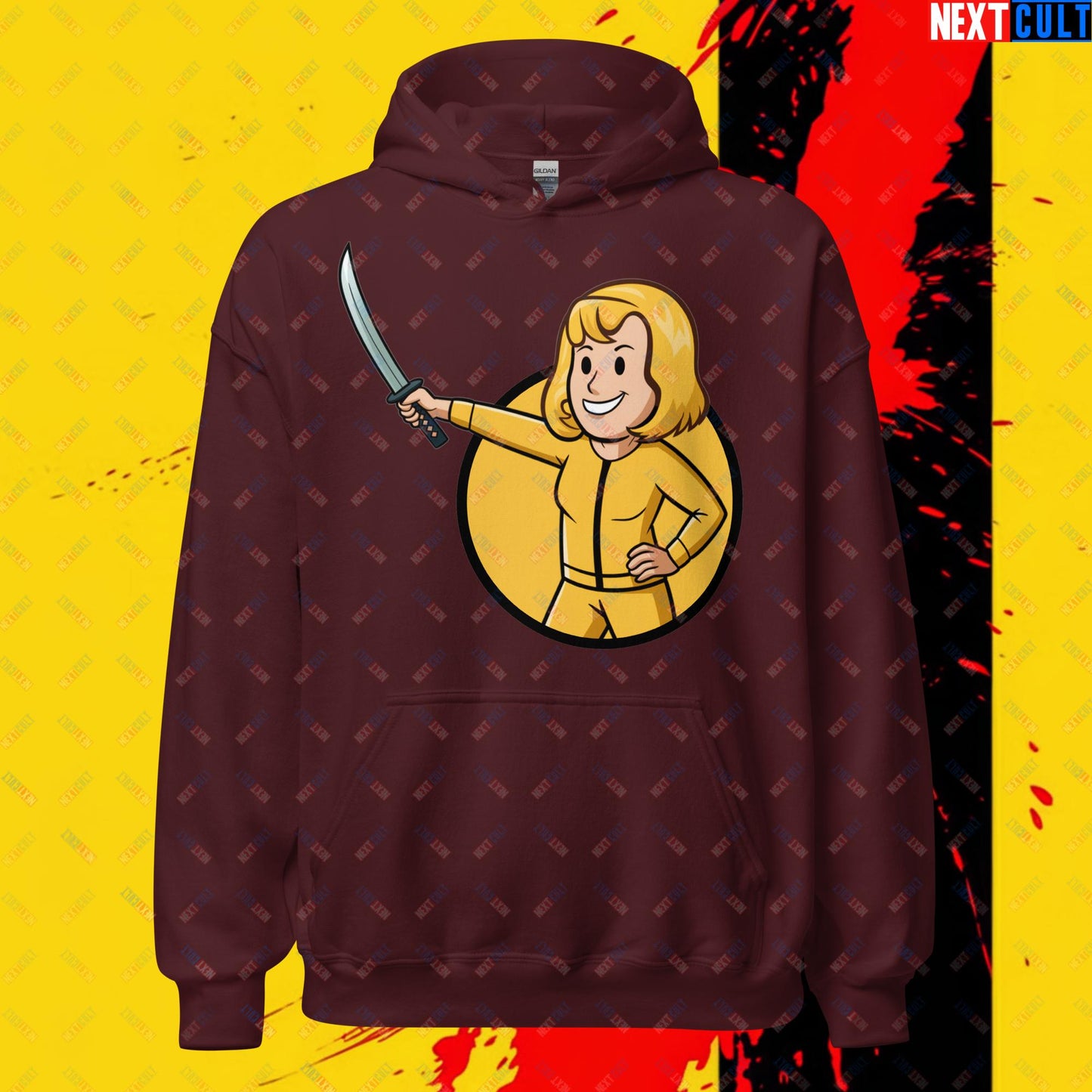 Kill Bill Vault Girl Fallout Funny Meme Cartoon Mashup Unisex Hoodie Maroon Hoodies Fallout Kill Bill Movies Vault Boy Next Cult Brand