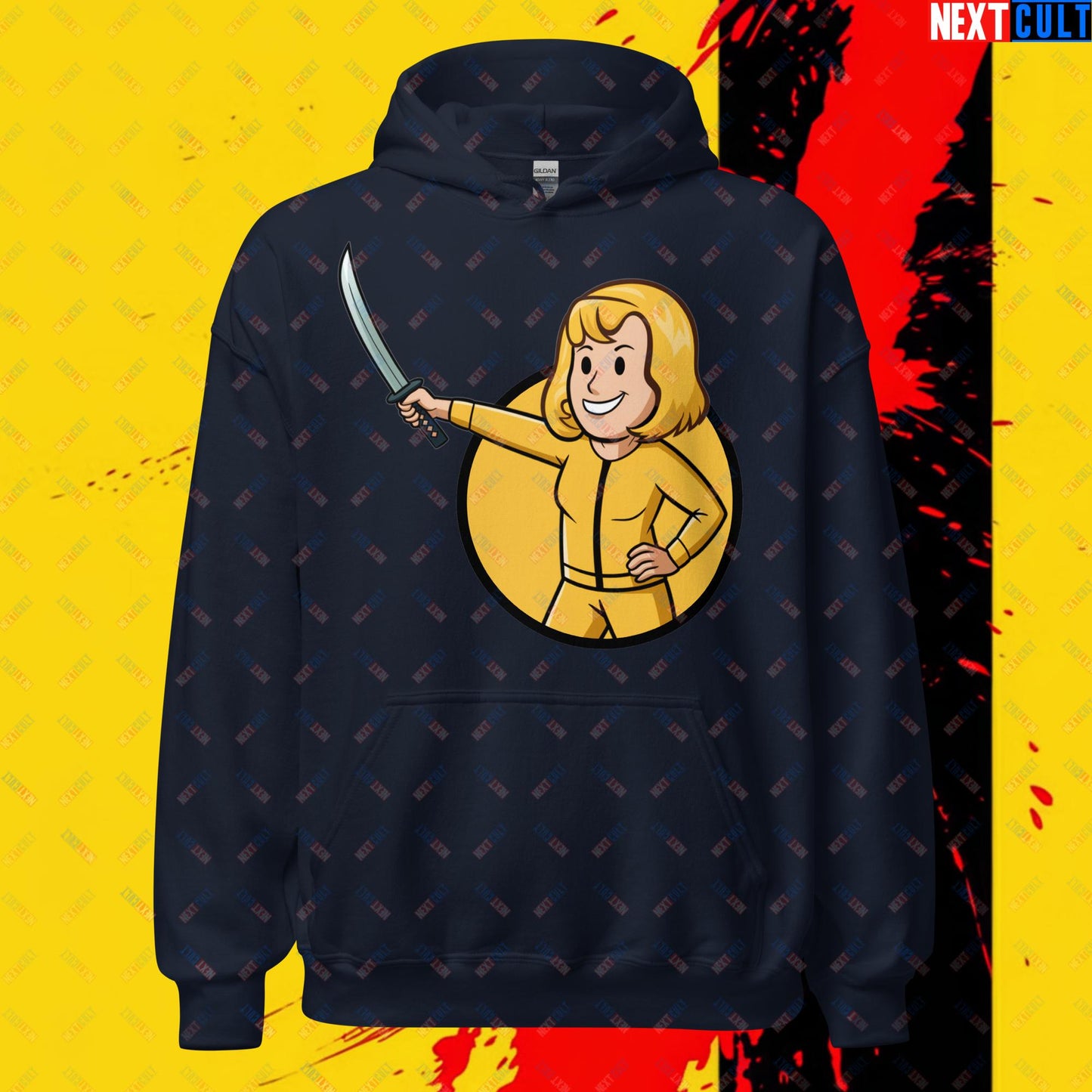 Kill Bill Vault Girl Fallout Funny Meme Cartoon Mashup Unisex Hoodie Navy Hoodies Fallout Kill Bill Movies Vault Boy Next Cult Brand