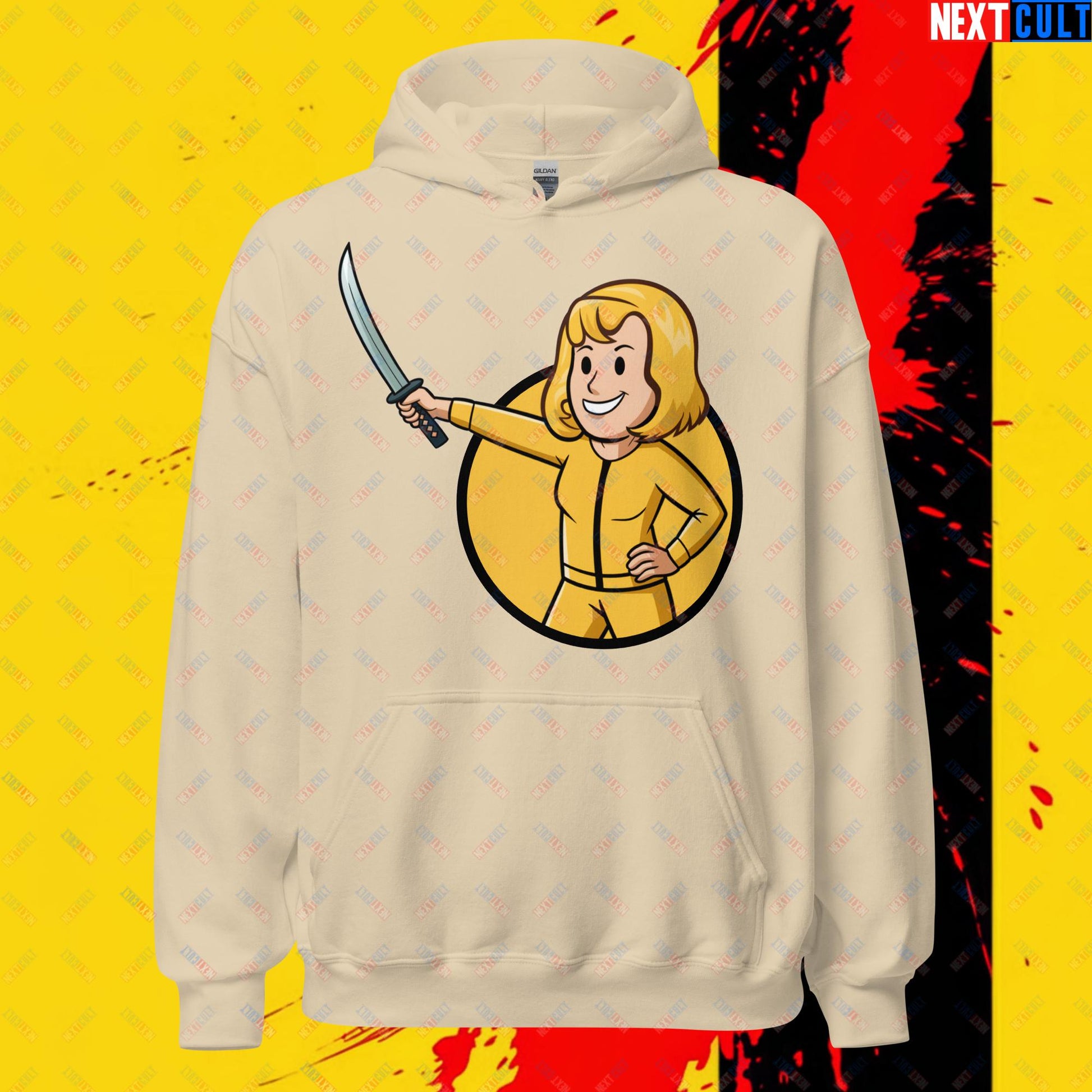 Kill Bill Vault Girl Fallout Funny Meme Cartoon Mashup Unisex Hoodie Sand Hoodies Fallout Kill Bill Movies Vault Boy Next Cult Brand