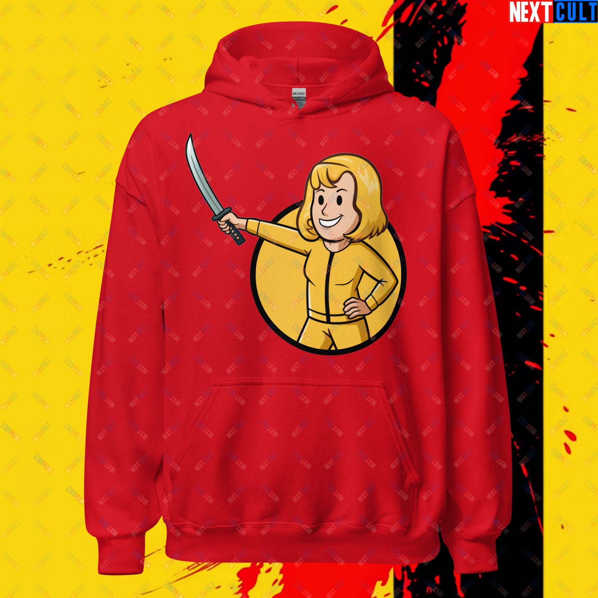 Kill Bill Vault Girl Fallout Funny Meme Cartoon Mashup Unisex Hoodie Red Hoodies Fallout Kill Bill Movies Vault Boy Next Cult Brand