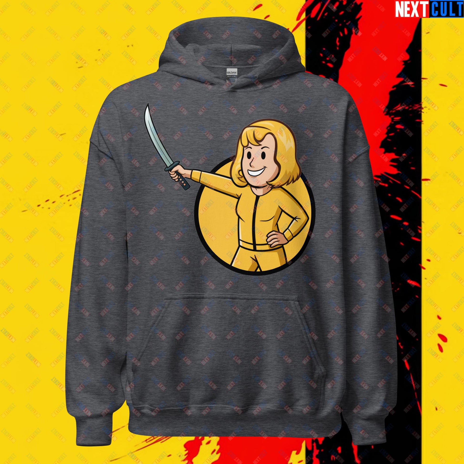 Kill Bill Vault Girl Fallout Funny Meme Cartoon Mashup Unisex Hoodie Dark Heather Hoodies Fallout Kill Bill Movies Vault Boy Next Cult Brand