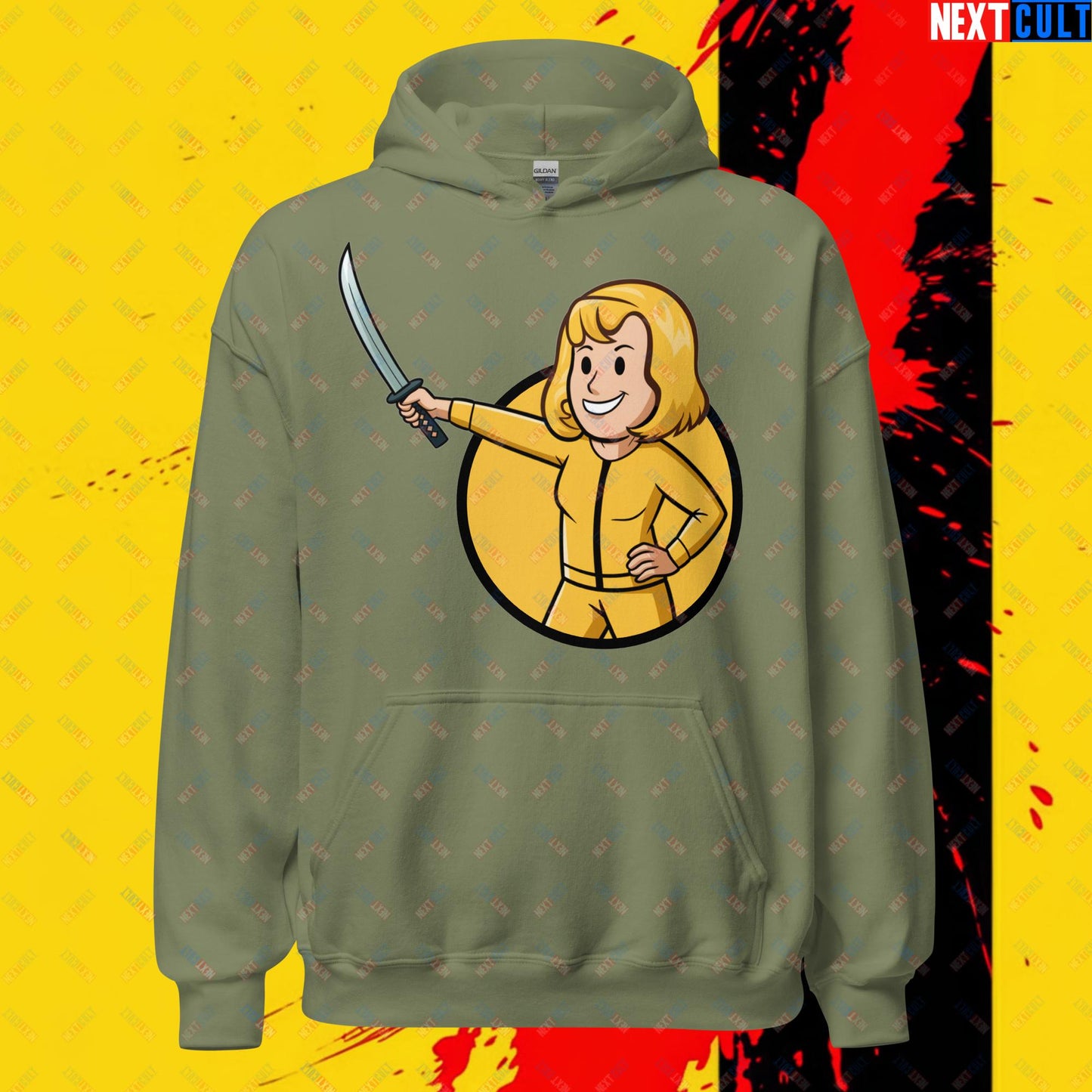 Kill Bill Vault Girl Fallout Funny Meme Cartoon Mashup Unisex Hoodie Military Green Hoodies Fallout Kill Bill Movies Vault Boy Next Cult Brand