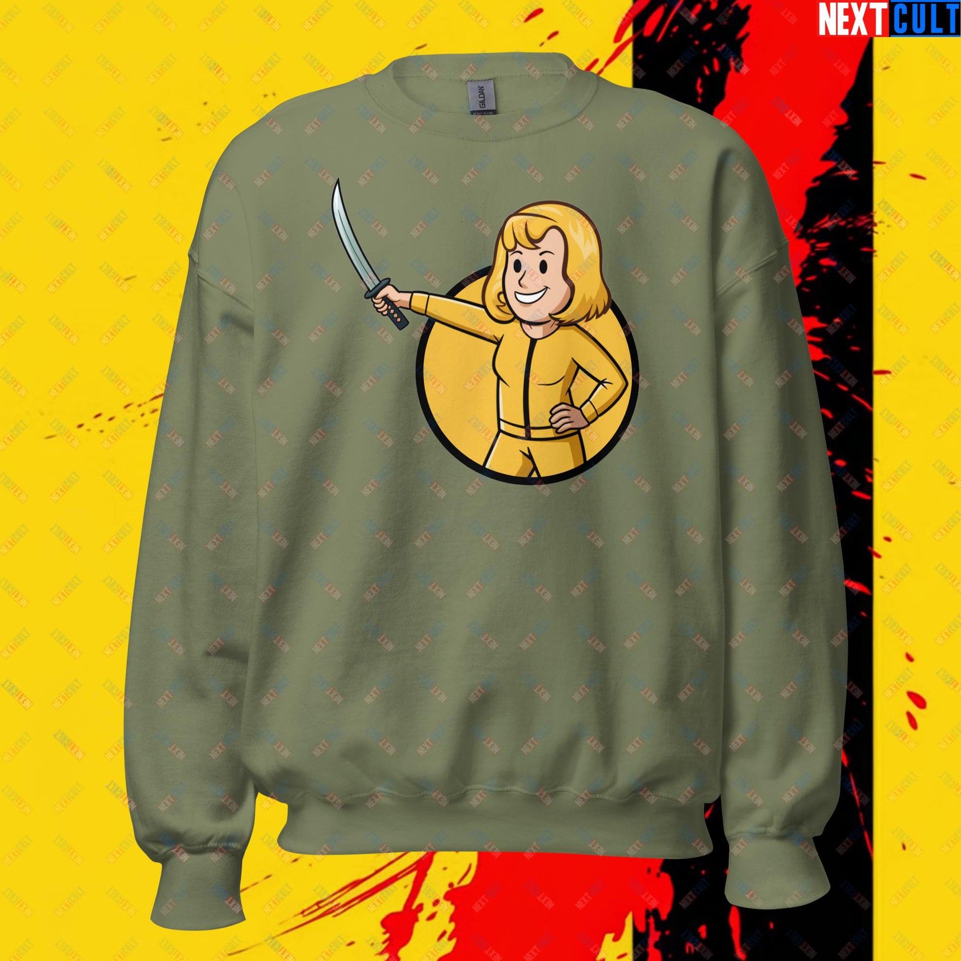 Kill Bill Vault Girl Fallout Funny Meme Cartoon Mashup Unisex Sweatshirt Military Green Sweatshirts Fallout Kill Bill Movies Vault Boy Next Cult Brand