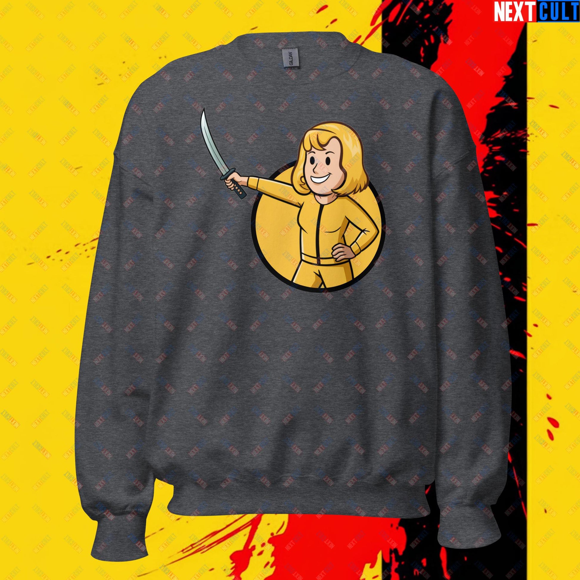 Kill Bill Vault Girl Fallout Funny Meme Cartoon Mashup Unisex Sweatshirt Dark Heather Sweatshirts Fallout Kill Bill Movies Vault Boy Next Cult Brand