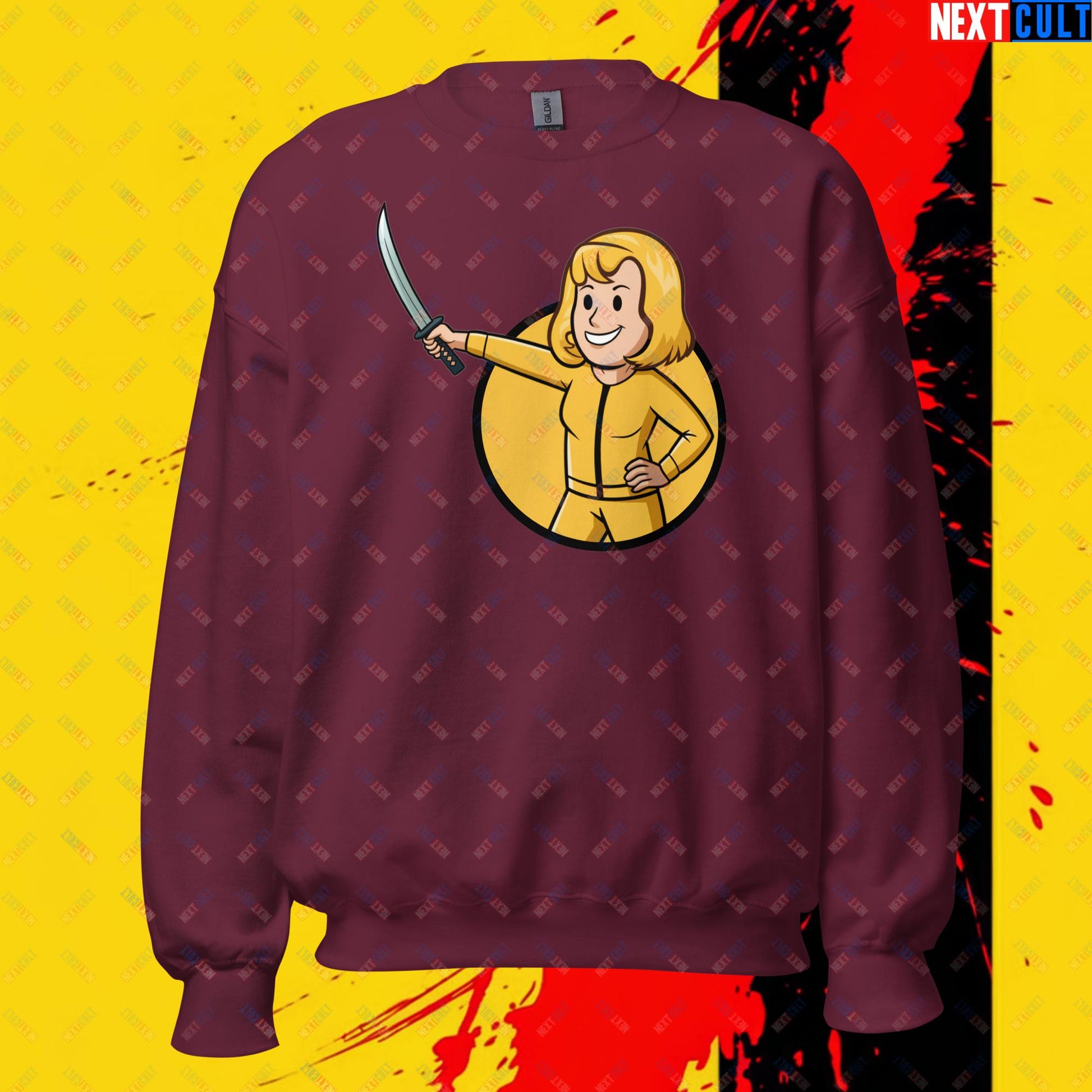 Kill Bill Vault Girl Fallout Funny Meme Cartoon Mashup Unisex Sweatshirt Maroon Sweatshirts Fallout Kill Bill Movies Vault Boy Next Cult Brand