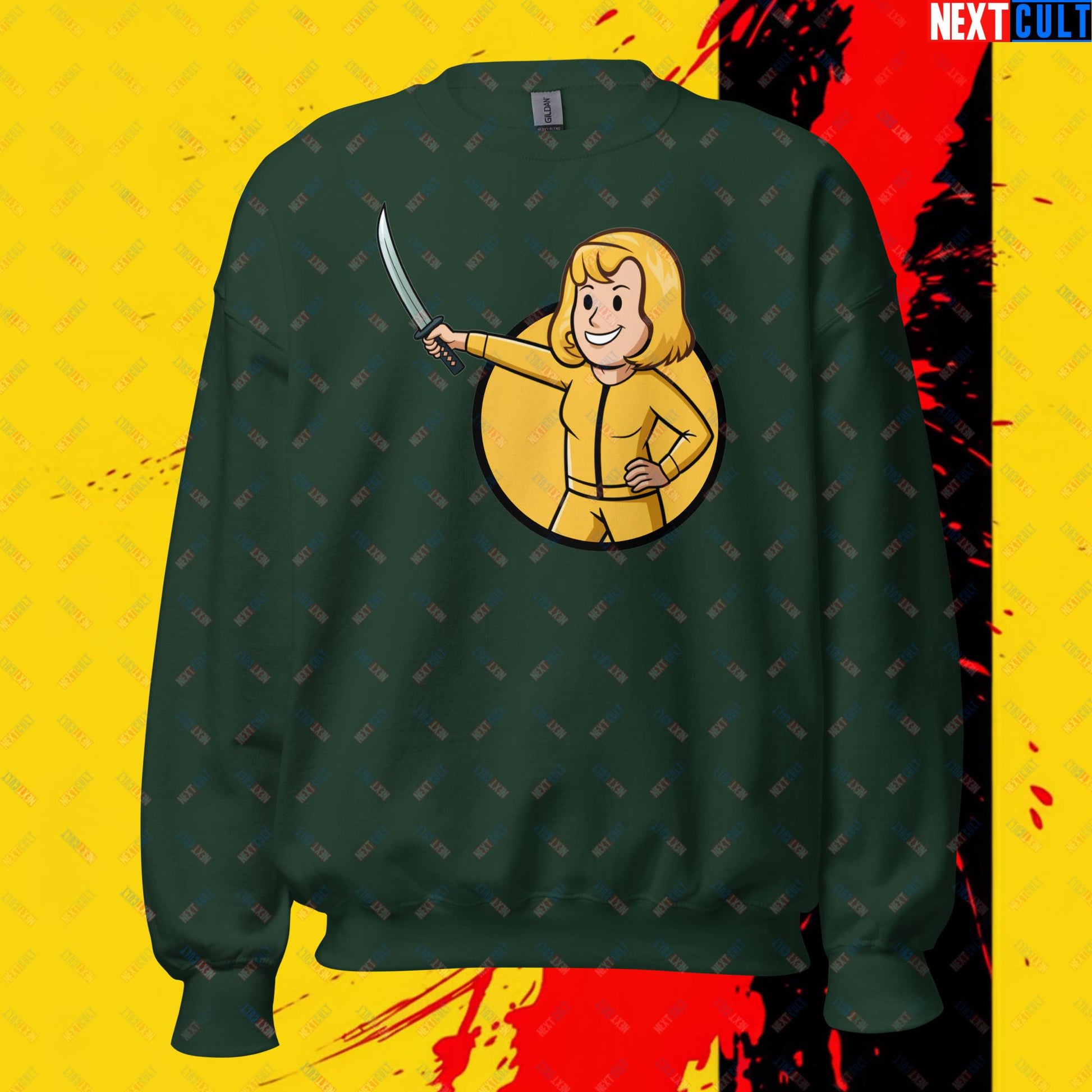 Kill Bill Vault Girl Fallout Funny Meme Cartoon Mashup Unisex Sweatshirt Forest Green Sweatshirts Fallout Kill Bill Movies Vault Boy Next Cult Brand