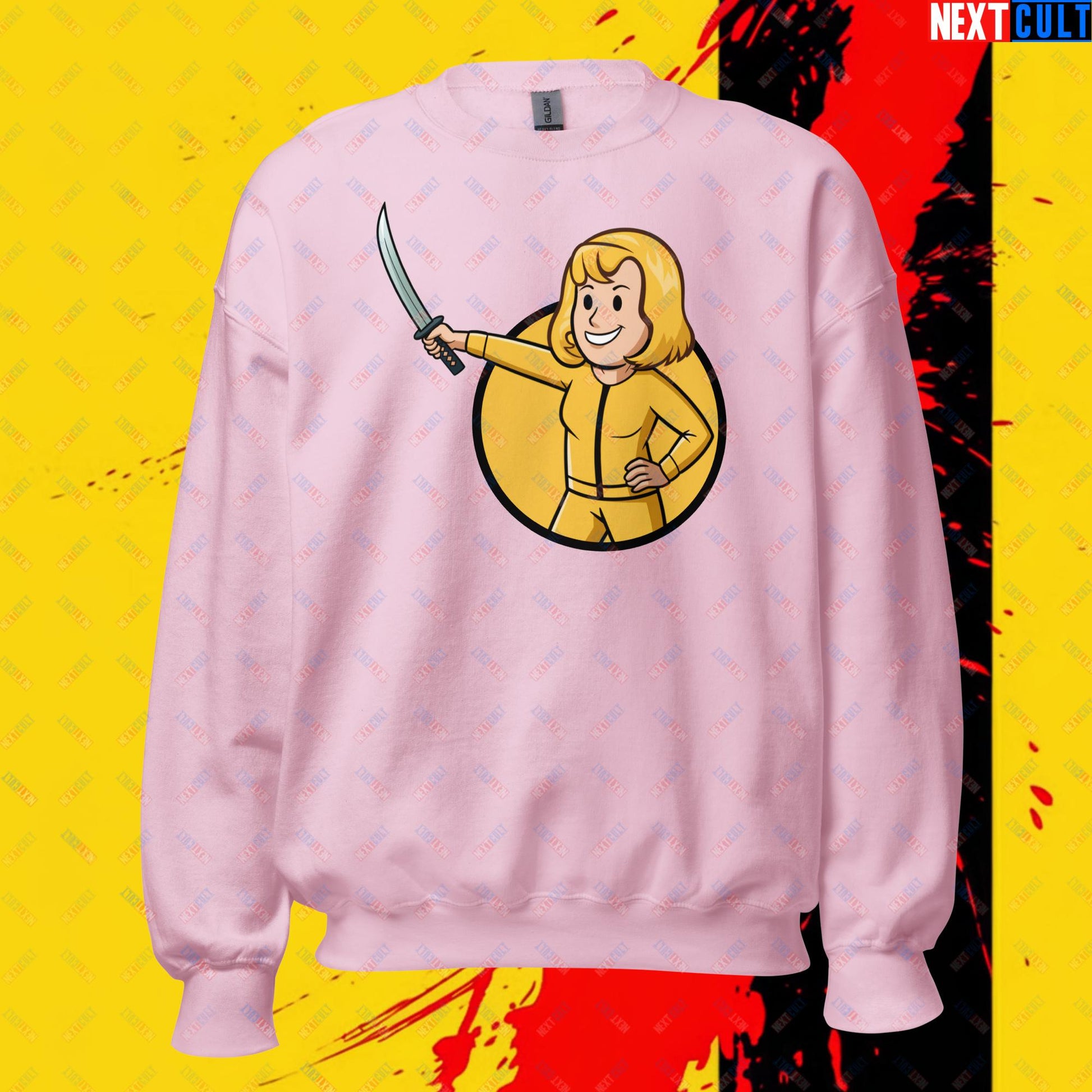 Kill Bill Vault Girl Fallout Funny Meme Cartoon Mashup Unisex Sweatshirt Light Pink Sweatshirts Fallout Kill Bill Movies Vault Boy Next Cult Brand