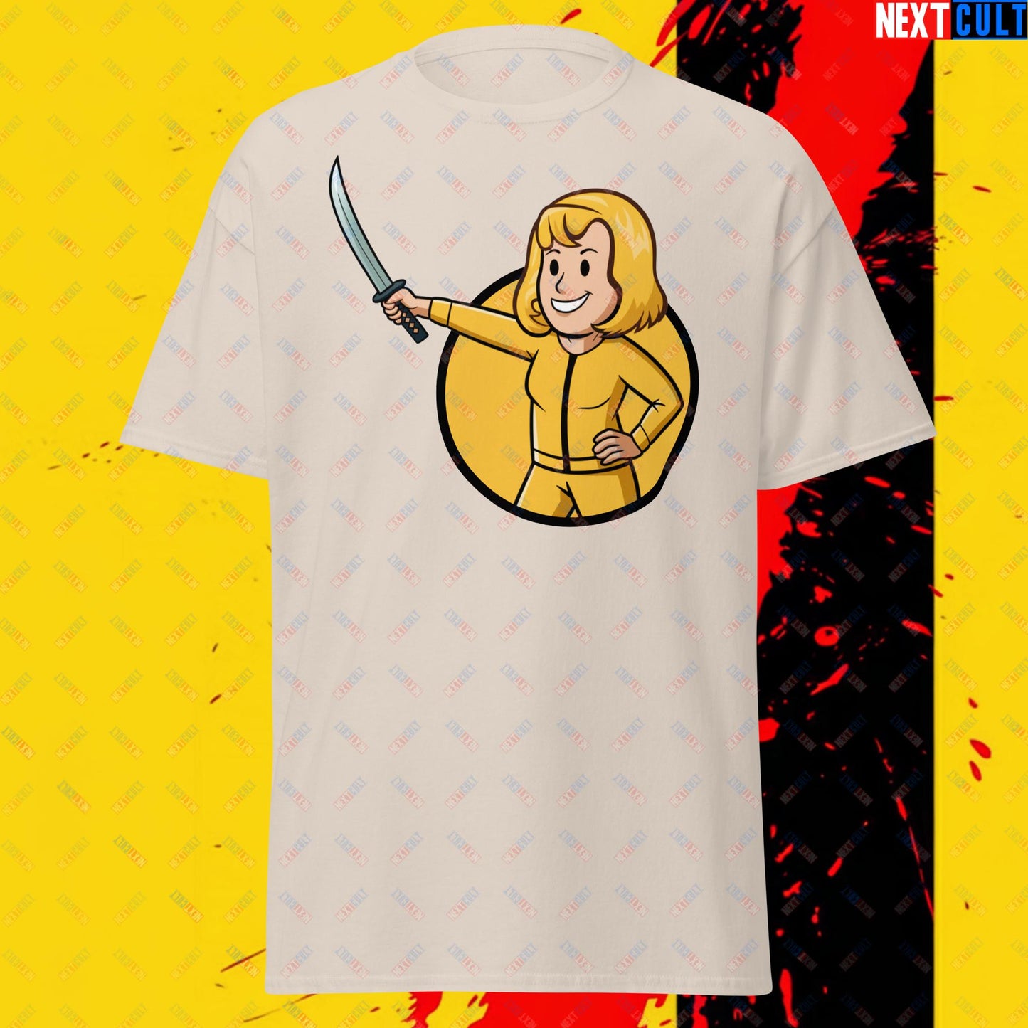 Kill Bill Vault Girl Fallout Funny Meme Cartoon Mashup Unisex tee Natural T-shirts Fallout Kill Bill Movies Vault Boy Next Cult Brand