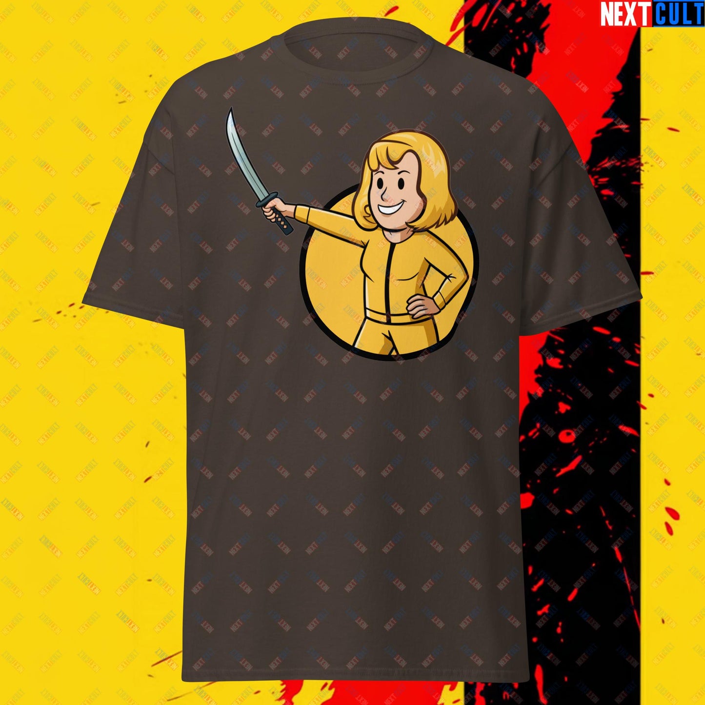 Kill Bill Vault Girl Fallout Funny Meme Cartoon Mashup Unisex tee Dark Chocolate T-shirts Fallout Kill Bill Movies Vault Boy Next Cult Brand