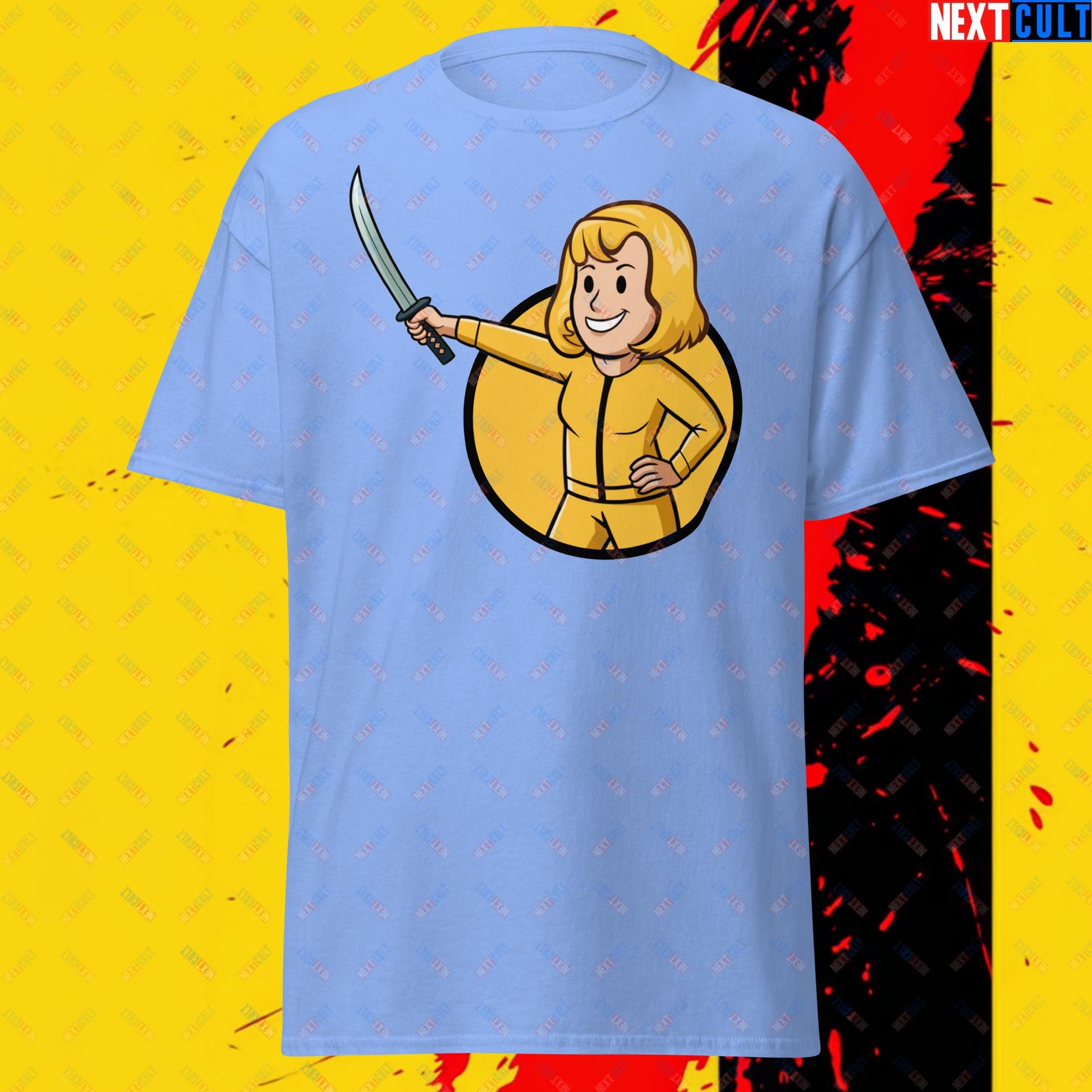 Kill Bill Vault Girl Fallout Funny Meme Cartoon Mashup Unisex tee Carolina Blue T-shirts Fallout Kill Bill Movies Vault Boy Next Cult Brand