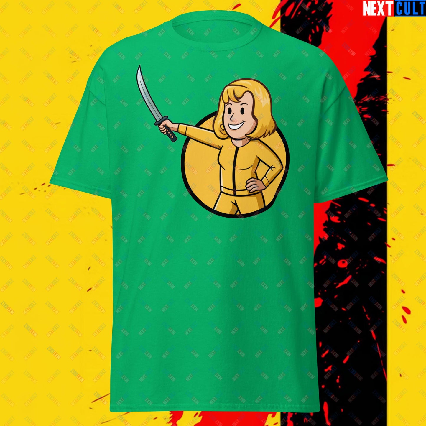 Kill Bill Vault Girl Fallout Funny Meme Cartoon Mashup Unisex tee Irish Green T-shirts Fallout Kill Bill Movies Vault Boy Next Cult Brand