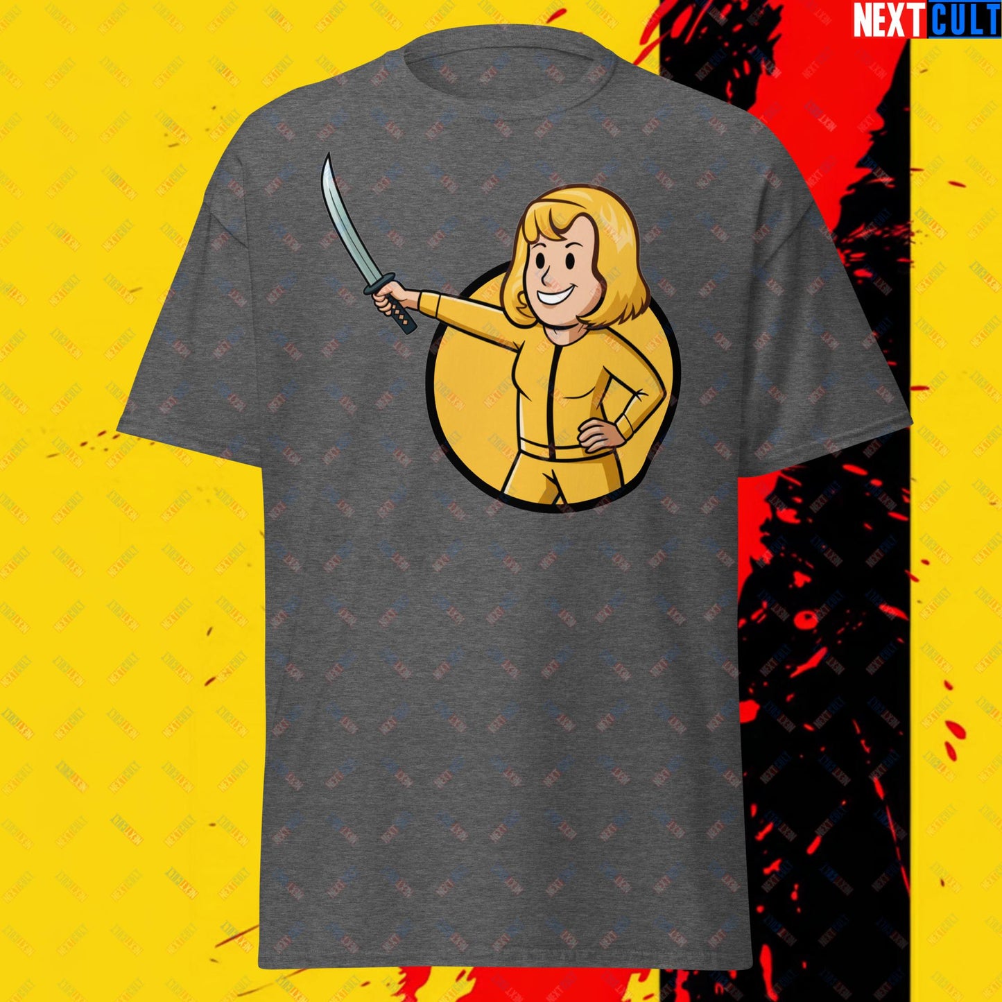 Kill Bill Vault Girl Fallout Funny Meme Cartoon Mashup Unisex tee Dark Heather T-shirts Fallout Kill Bill Movies Vault Boy Next Cult Brand