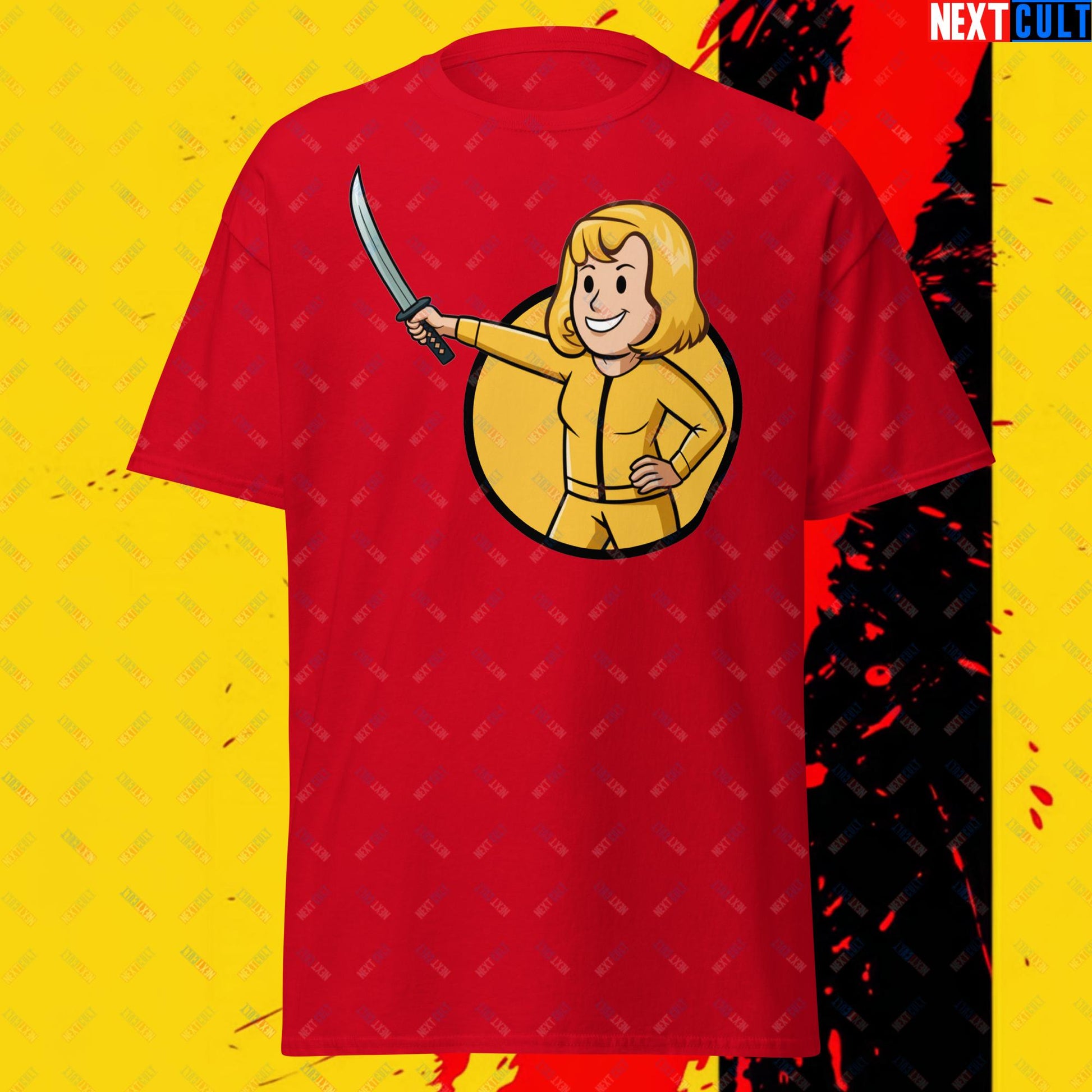 Kill Bill Vault Girl Fallout Funny Meme Cartoon Mashup Unisex tee Red T-shirts Fallout Kill Bill Movies Vault Boy Next Cult Brand