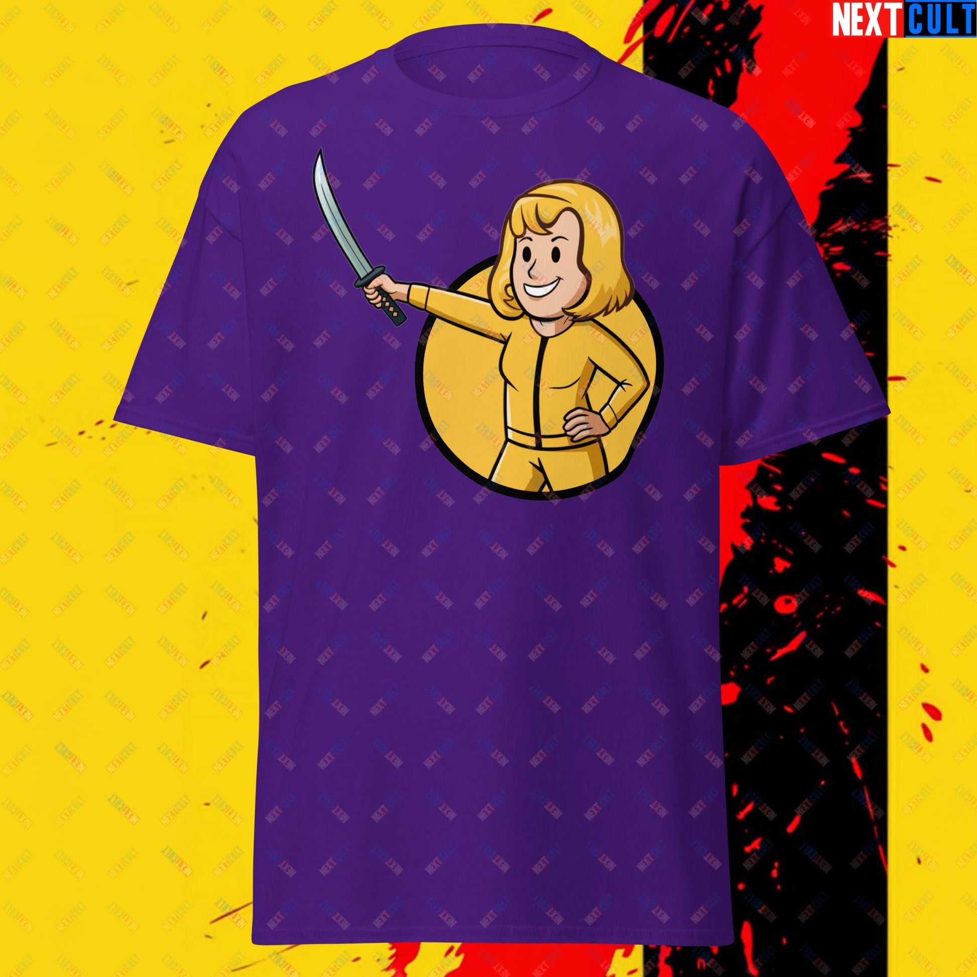 Kill Bill Vault Girl Fallout Funny Meme Cartoon Mashup Unisex tee Purple T-shirts Fallout Kill Bill Movies Vault Boy Next Cult Brand