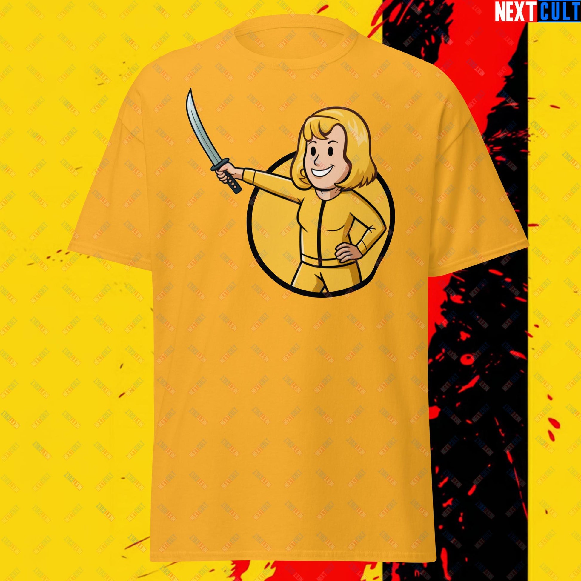 Kill Bill Vault Girl Fallout Funny Meme Cartoon Mashup Unisex tee Gold T-shirts Fallout Kill Bill Movies Vault Boy Next Cult Brand