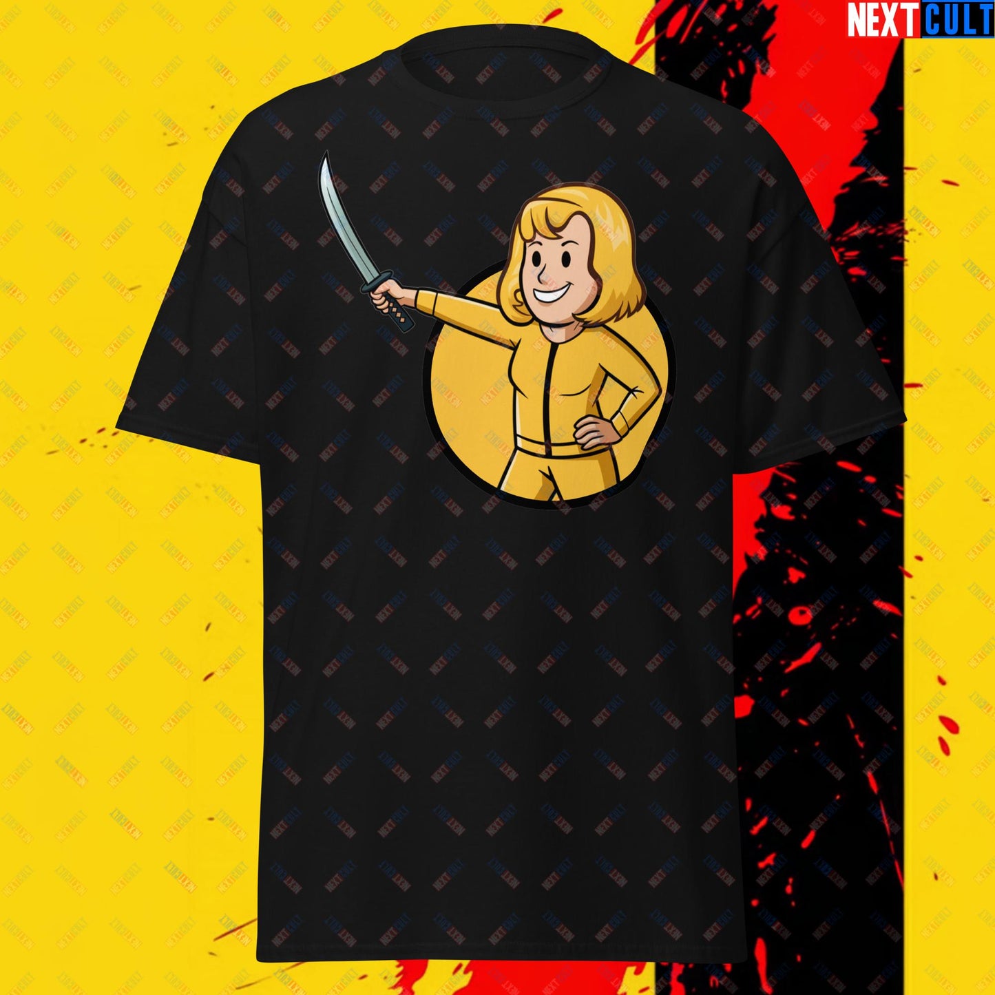 Kill Bill Vault Girl Fallout Funny Meme Cartoon Mashup Unisex tee Black T-shirts Fallout Kill Bill Movies Vault Boy Next Cult Brand