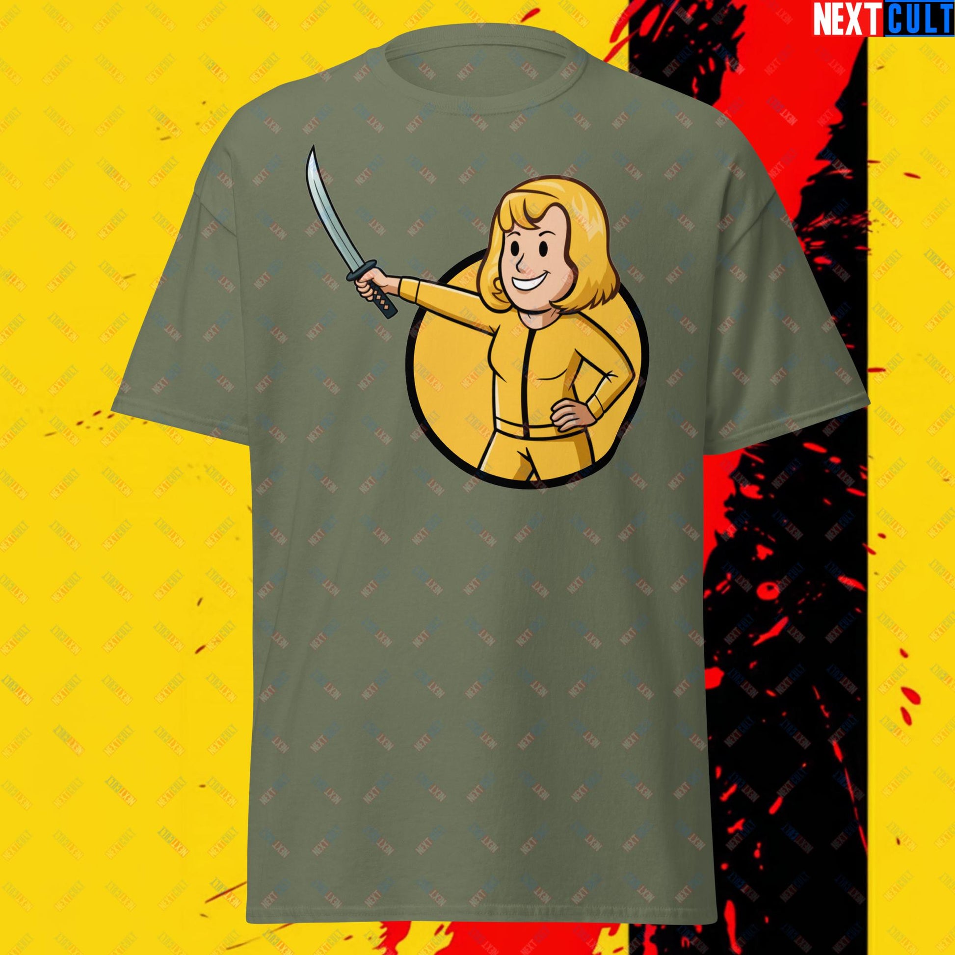 Kill Bill Vault Girl Fallout Funny Meme Cartoon Mashup Unisex tee Military Green T-shirts Fallout Kill Bill Movies Vault Boy Next Cult Brand