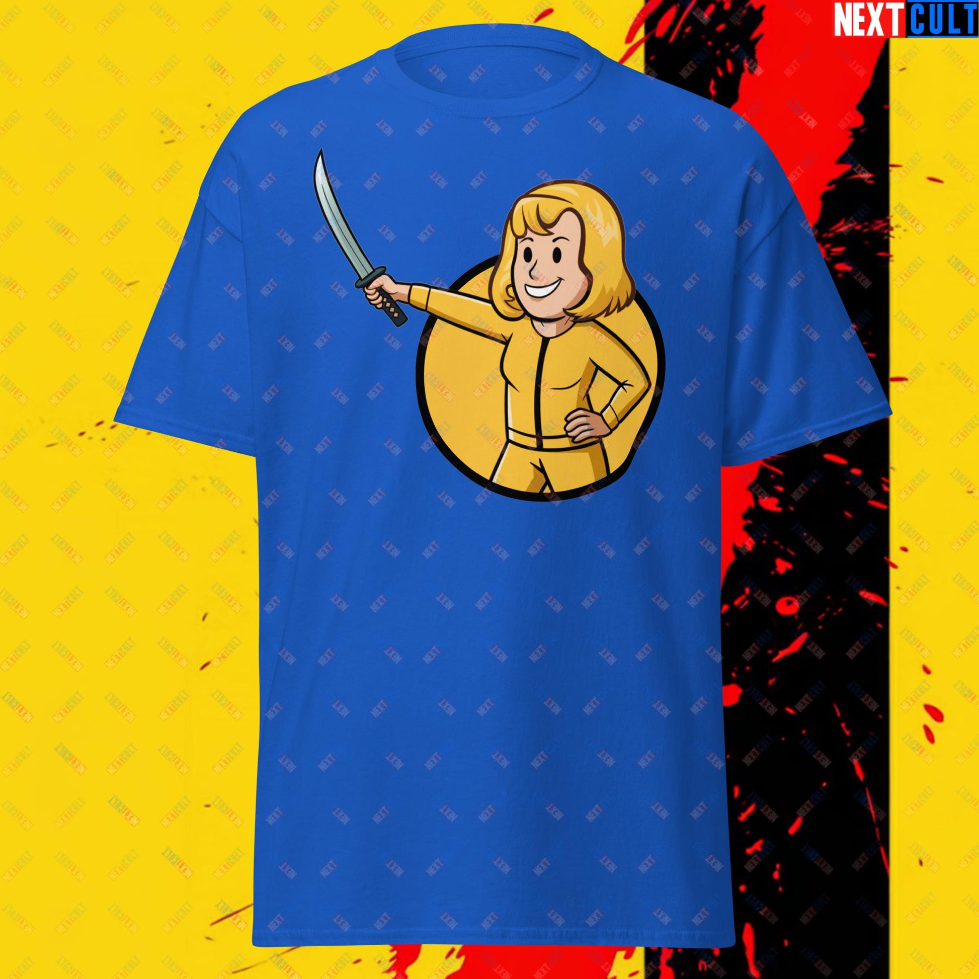 Kill Bill Vault Girl Fallout Funny Meme Cartoon Mashup Unisex tee Royal T-shirts Fallout Kill Bill Movies Vault Boy Next Cult Brand